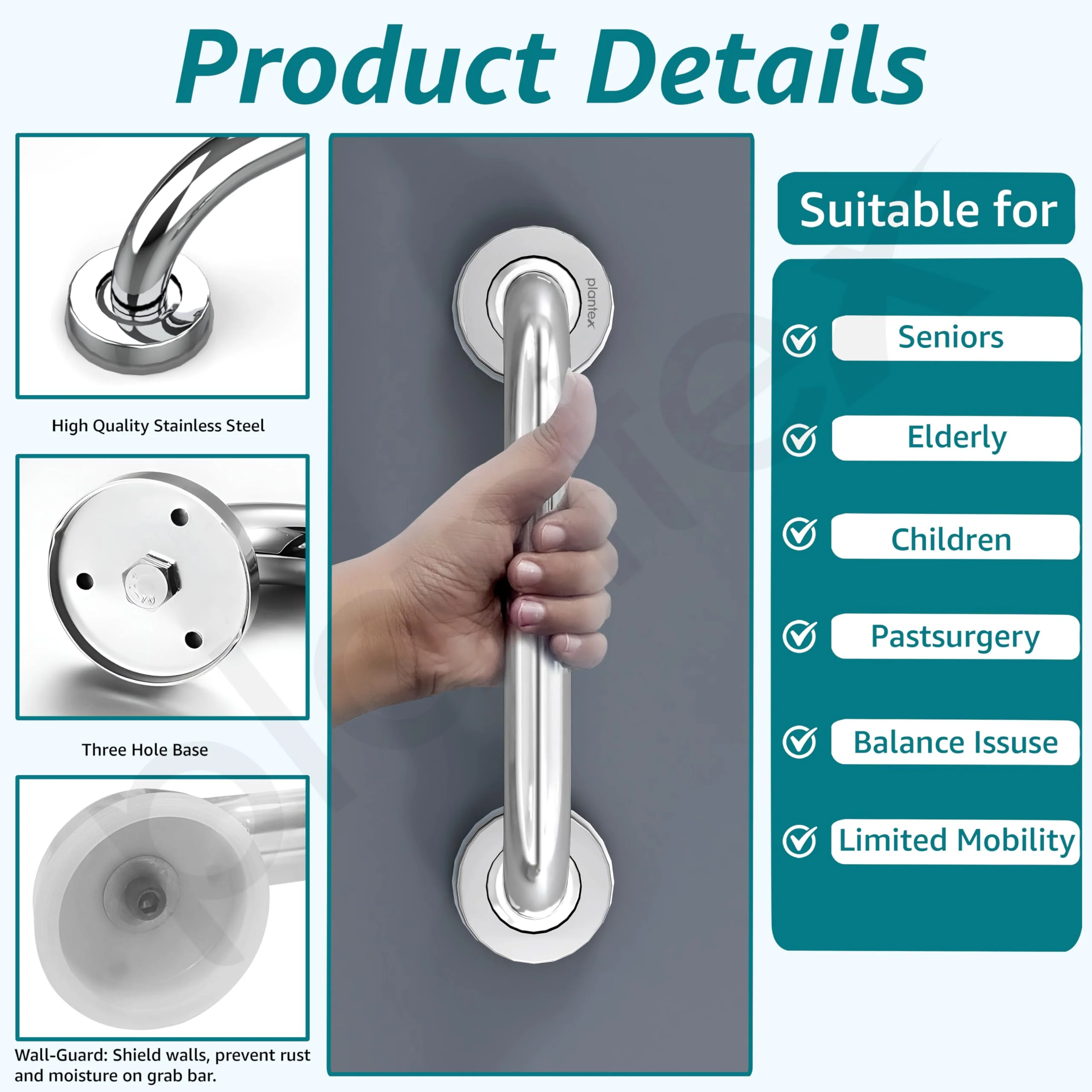 Plantex 11 Inch Toilet Support for Elderly People/Wall-Mounted Safety Handle - Stainless Steel (Chrome) - Image 3