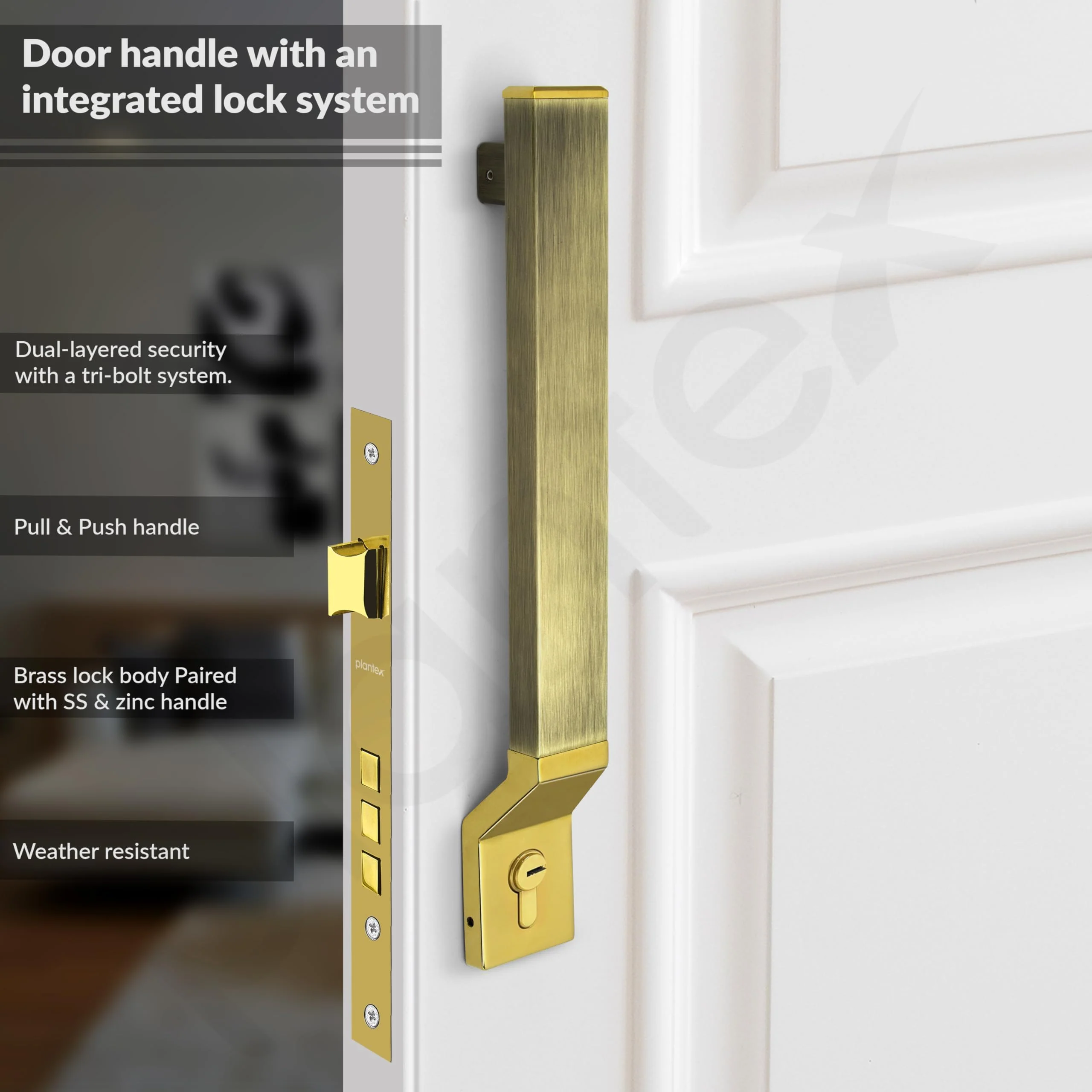 Plantex 15 Inch Door Handle with Lock/Stainless Steel Handle Set for Home/Office/Door Accessories - Pack of 1 (Brass Antique & Gold) - Image 2