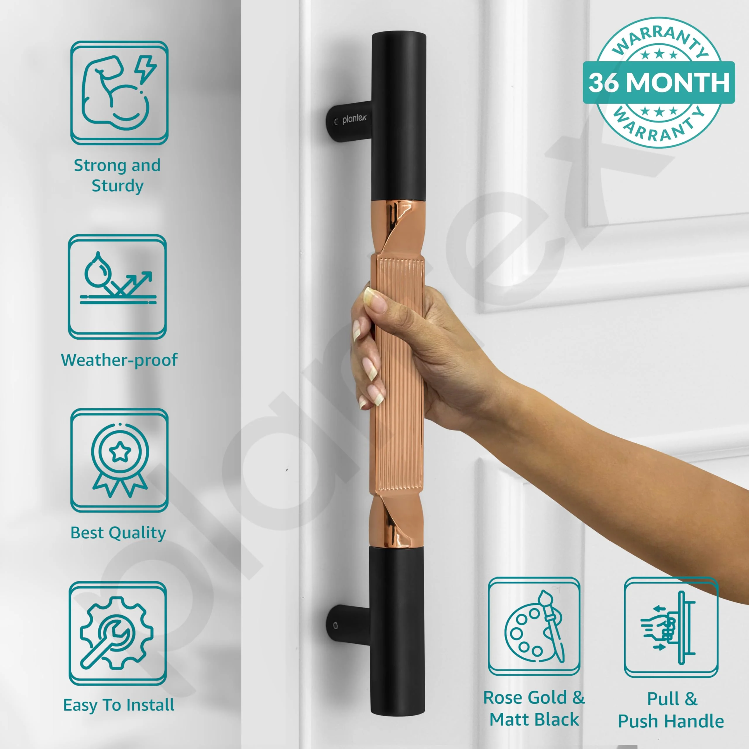 Plantex 15 Inch Main Door Handle for Wooden Doors - Pull-Push Handle Accessories (Pack of 1, Rose Gold, Black) - 3 Years Warranty - Image 2