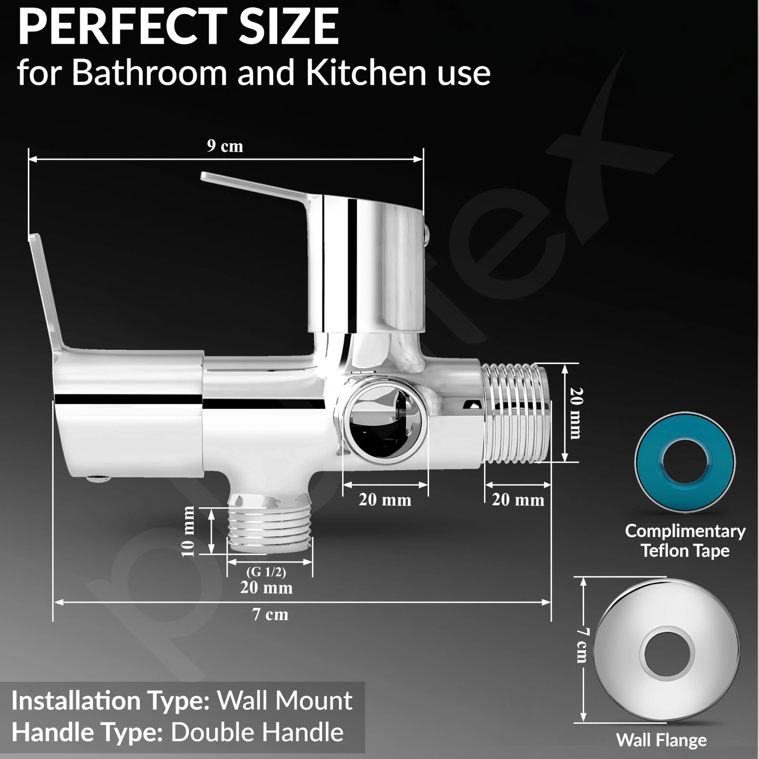 Plantex Angle Valve 2 in 1/Two Way Angle Cock Tap with Wall Flange & Teflon Tape/Angle Valve for Bathroom-(Chrome) - Image 4