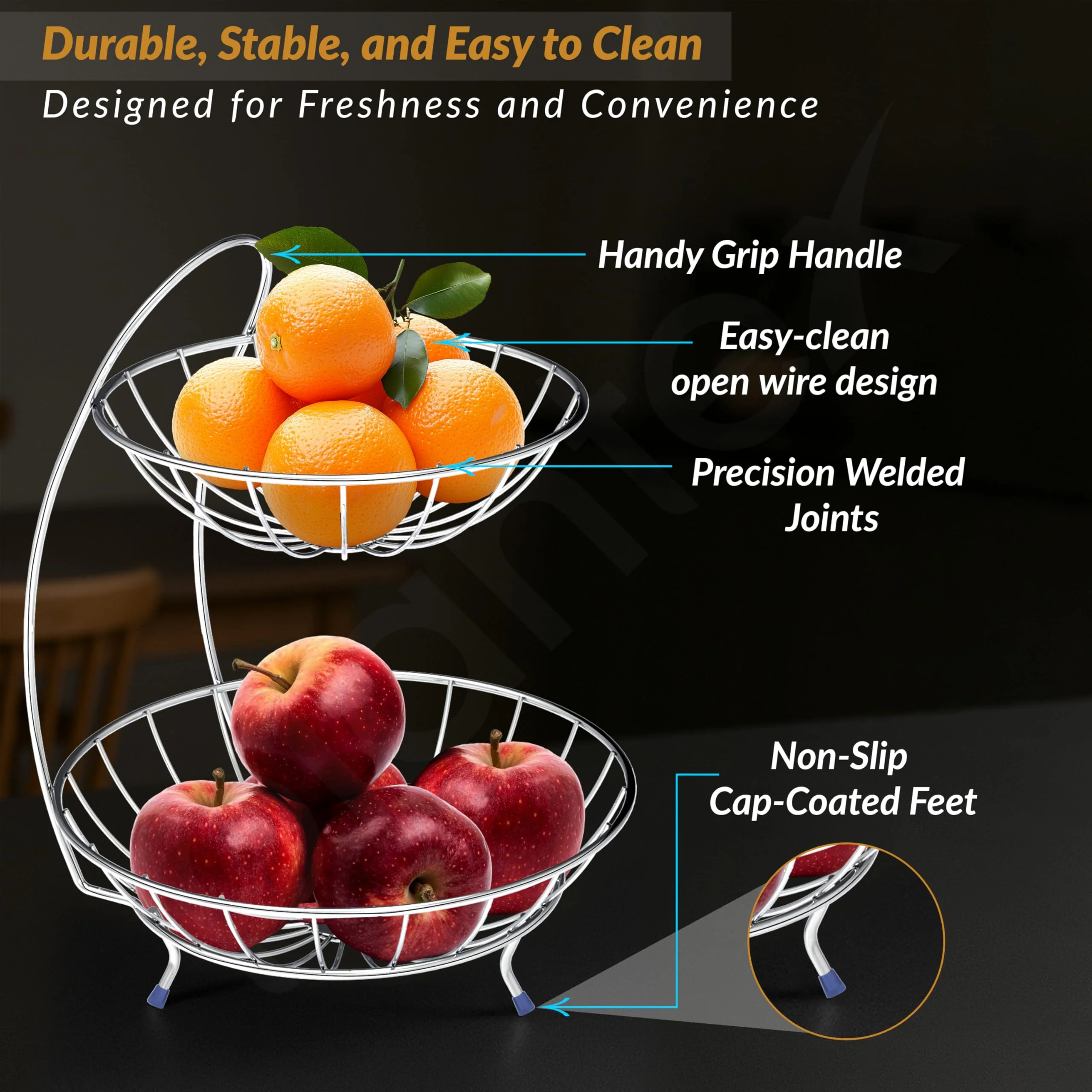 Plantex 2-Tier Fruit bowl for Dining Table/Stainless Steel Fruit Storage Basket For Dining Table/Vegetable Stand for Kitchen(Chrome Finish) - Image 2