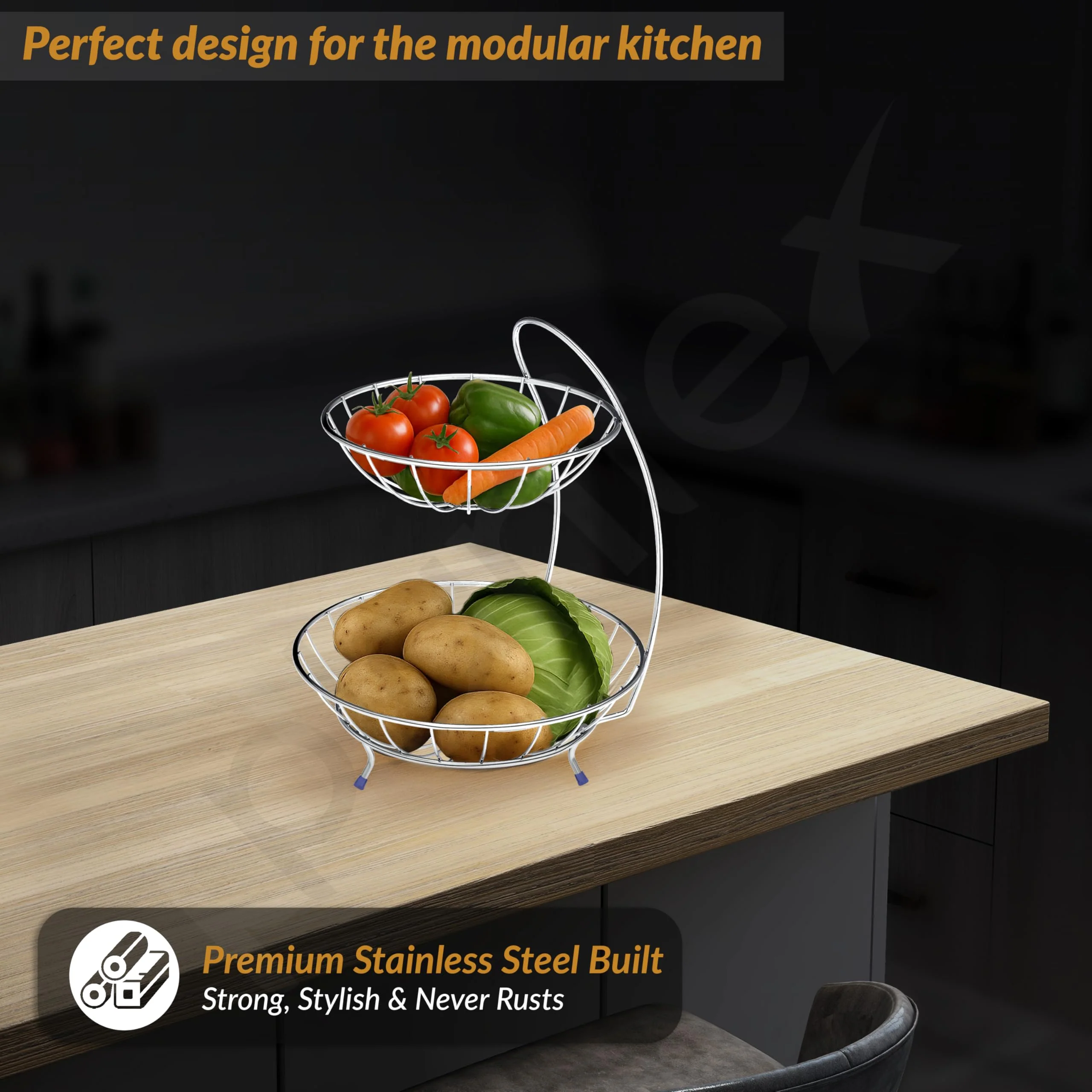 Plantex 2-Tier Fruit bowl for Dining Table/Stainless Steel Fruit Storage Basket For Dining Table/Vegetable Stand for Kitchen(Chrome Finish) - Image 6