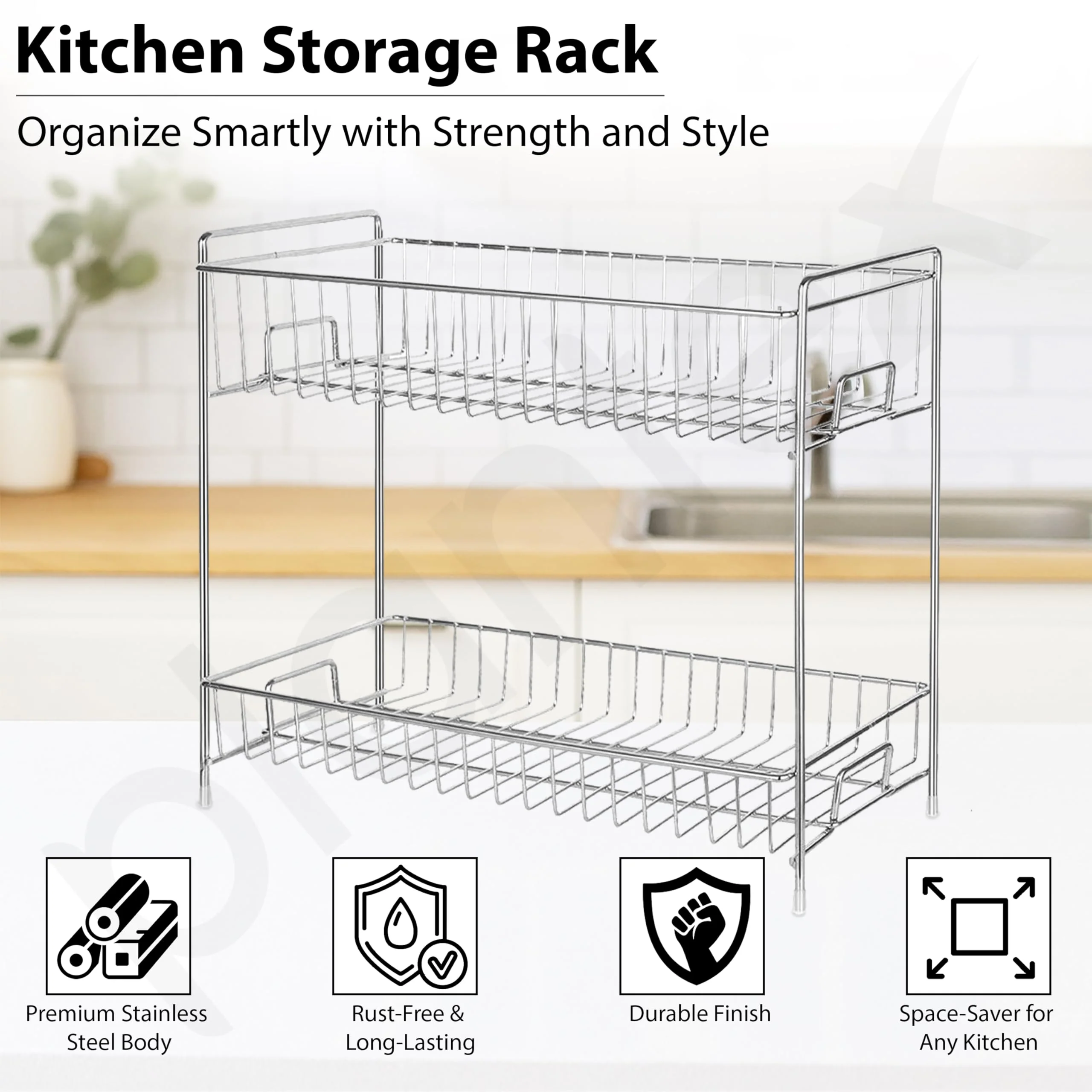 Plantex 2-Tier Stainless Steel Rack For Kitchen/Kitchen Organizer Rack/Countertop Tiered Shelf/Small Jar Organizer (Chrome) - Image 2