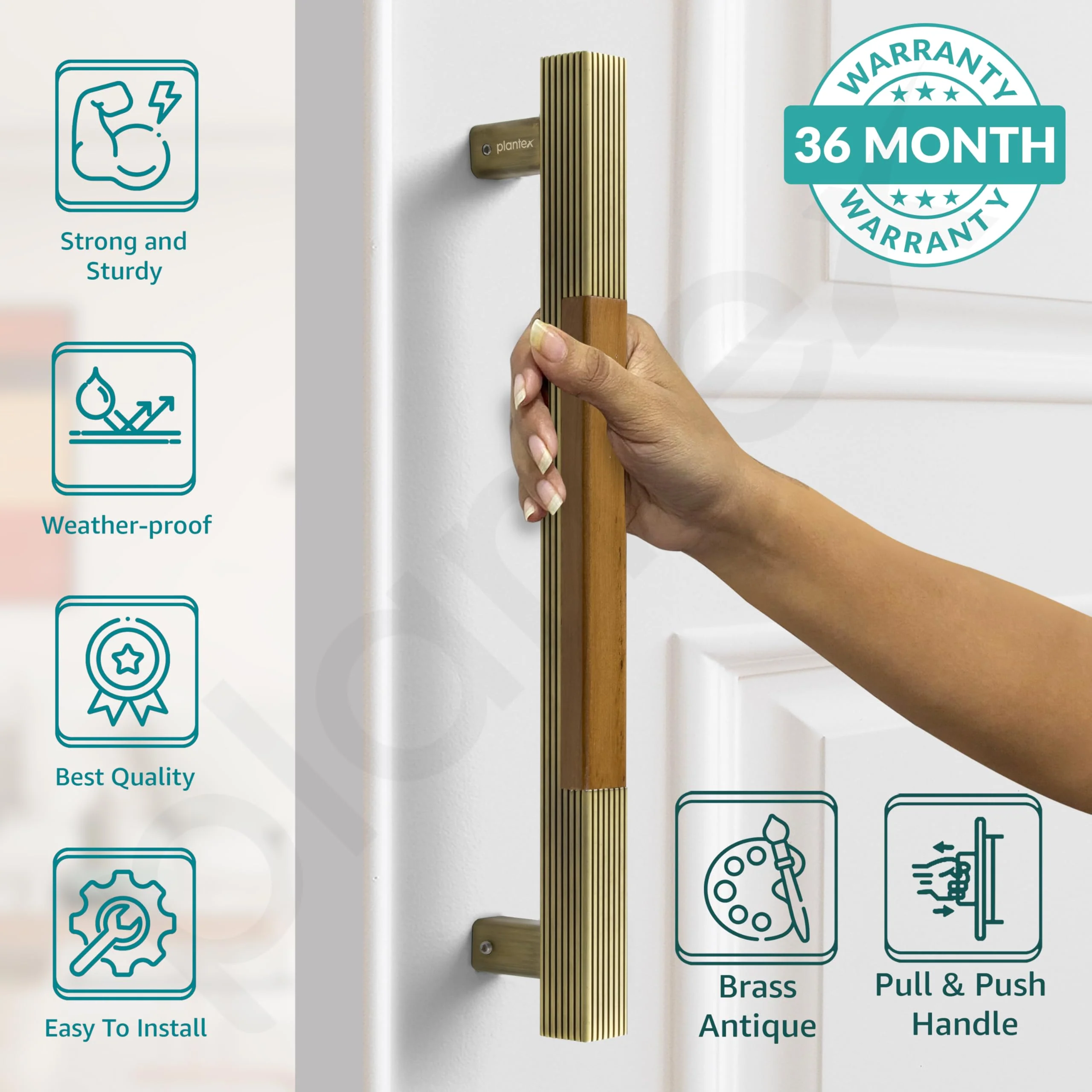 Plantex 280 Premium 12-inch Door Pull-Push Main Door Handle for Glass Door/House/Hotel/Office Door Hardware (Brass Antique & Wood Finish) - Image 2