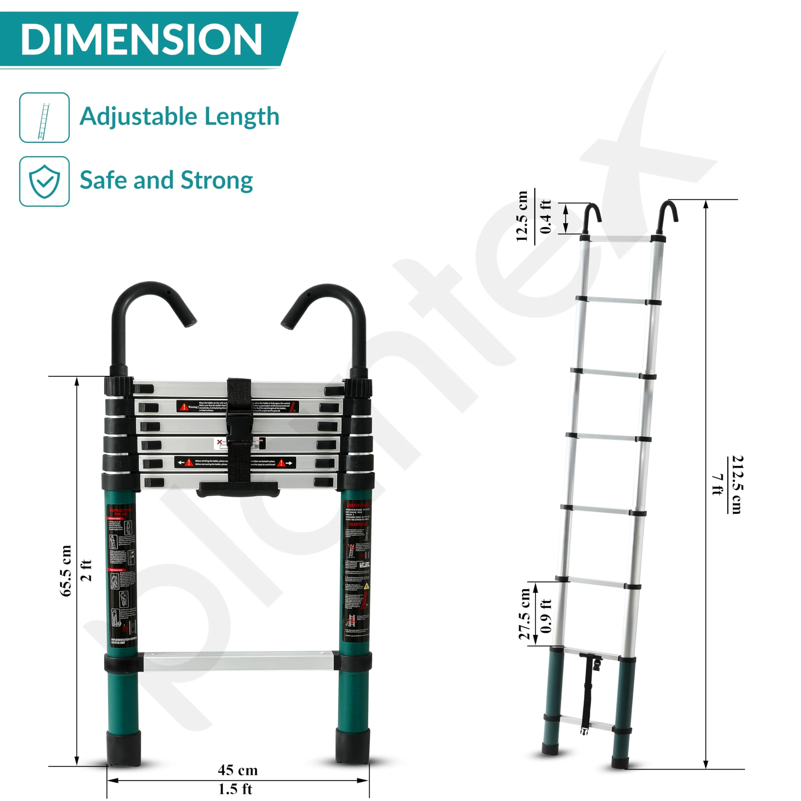 Plantex 2m (6.5 ft.) Aluminium Telescopic Ladder/7-Steps Portable Ladder with Removable Hooks/Foldable Multipurpose Collapsible Ladder for Home & Outdoor Use/2 Years of Warranty - (Green) - Image 4