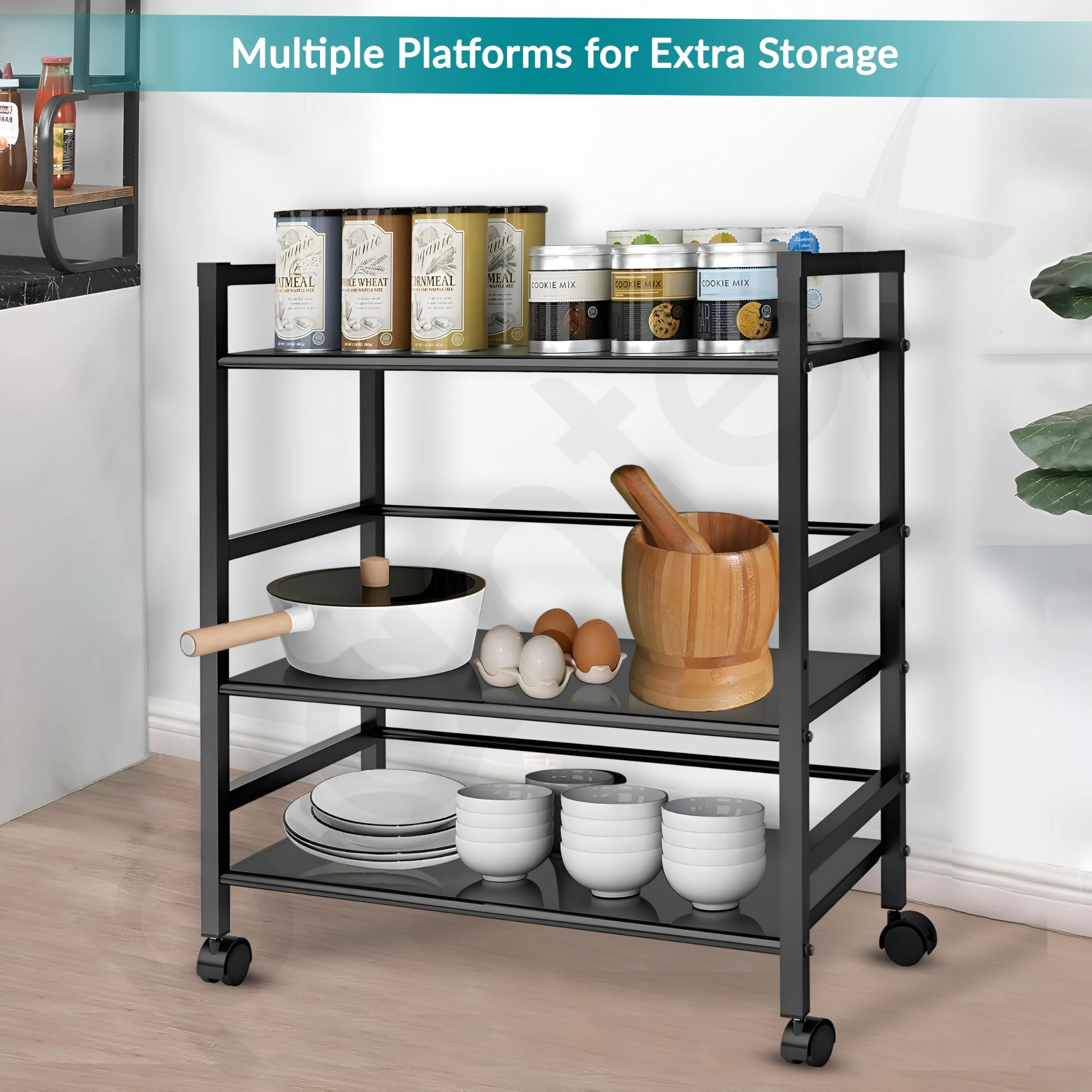 Plantex 3 Tier Premium Metal Rolling Trolley Cart Stand with Wheels/Oven Stand/Multifunctional Utility Stand with Storage Rack Shelves/Height Adjustable Shelf/Space Saving Stand for Home/Office(Black) - Image 7