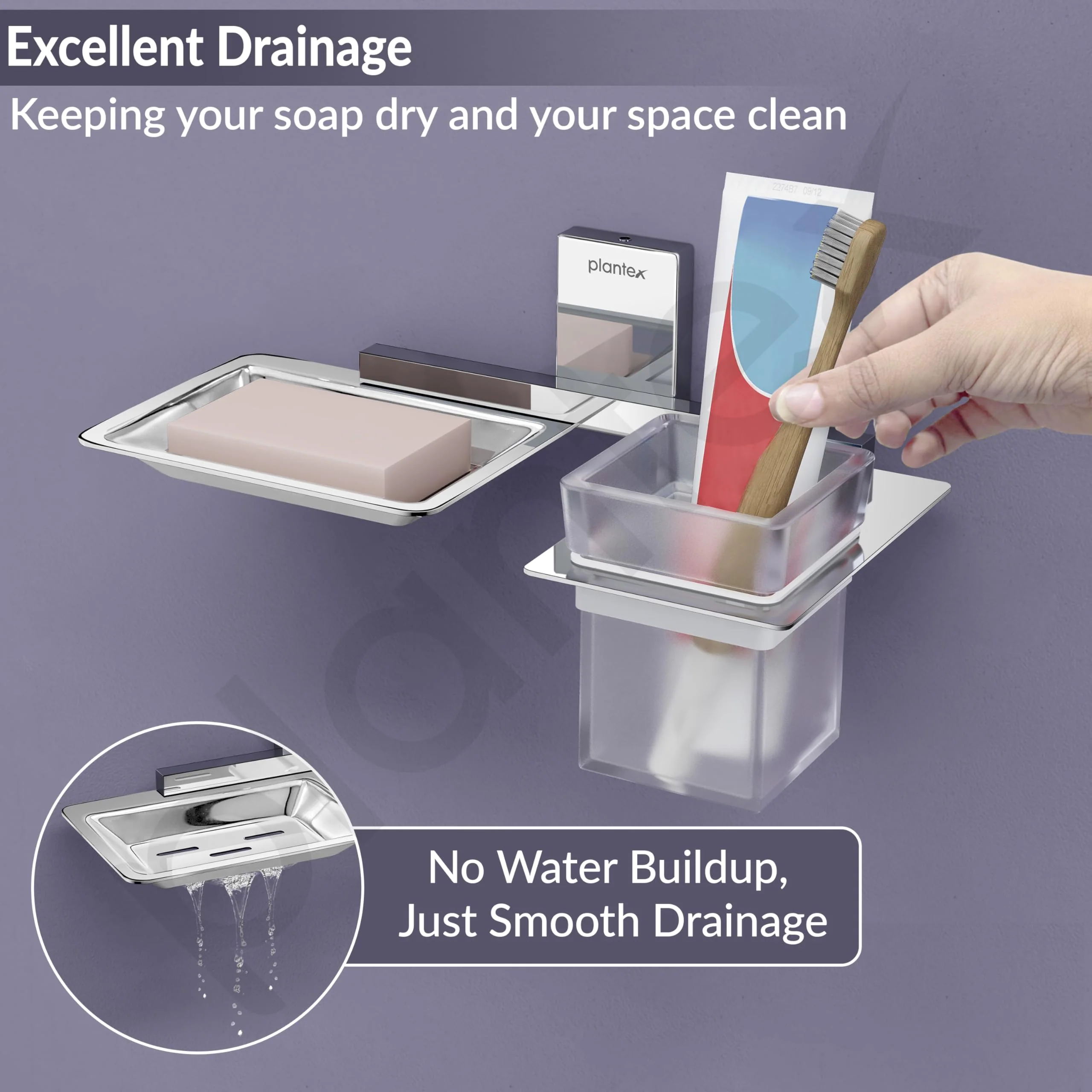 Plantex 304 Grade Stainless Steel 2 in 1 Soap Dish with Tumbler Holder/Soap Holder/Toothbrush Holder/Bathroom Accessories - Crystal (Chrome) - Image 7