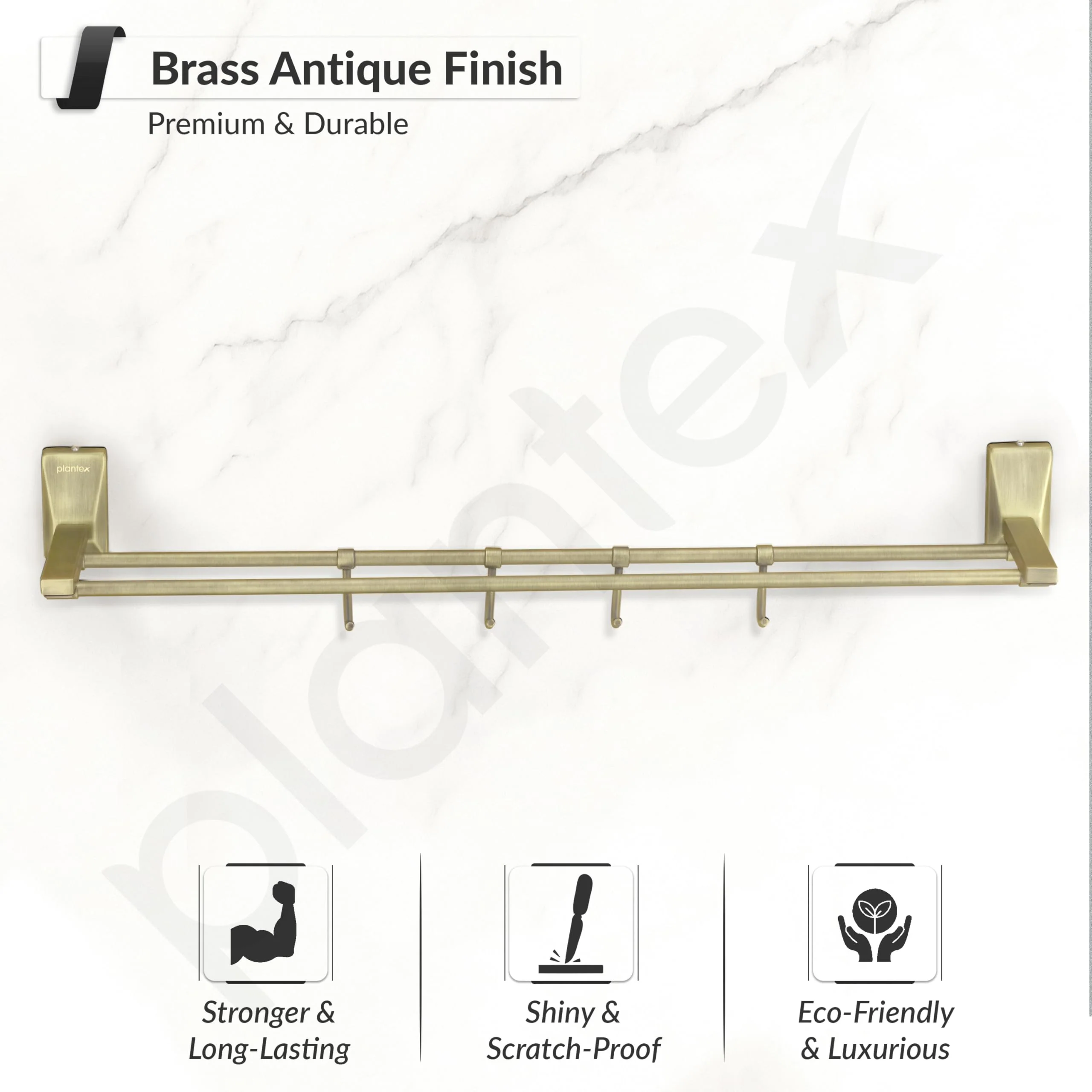 Plantex 304 Grade Stainless Steel 24 inch Dual Towel Rod/Towel Holder/Towel Hanger/Bathroom Accessories - Crystal (Brass Antique) - Image 3