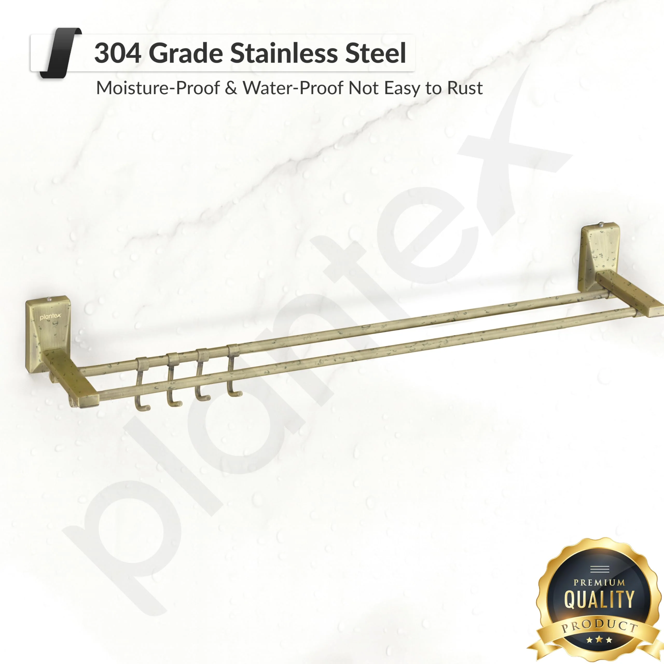 Plantex 304 Grade Stainless Steel 24 inch Dual Towel Rod/Towel Holder/Towel Hanger/Bathroom Accessories - Crystal (Brass Antique) - Image 6