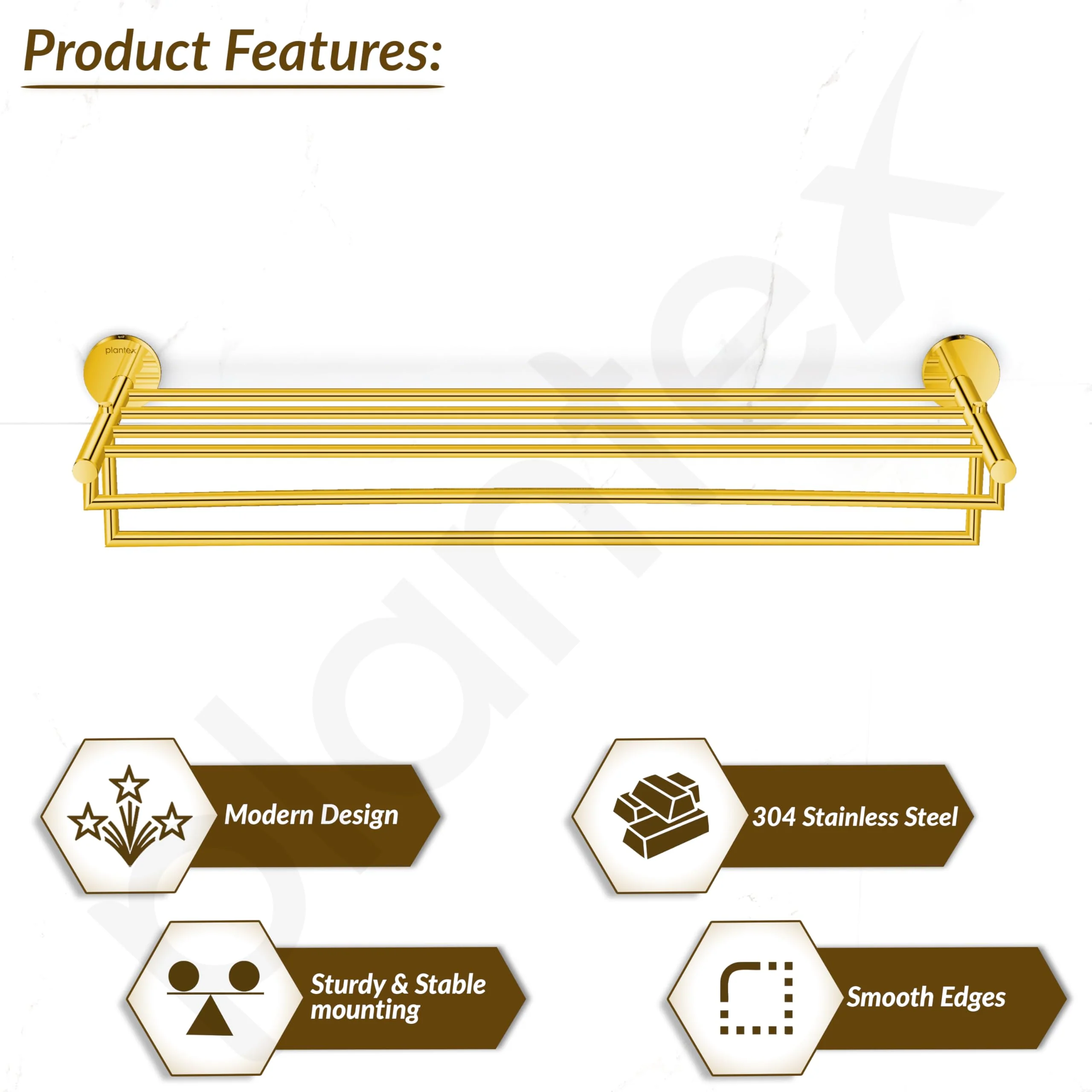 Plantex 304 Grade Stainless Steel 24-inch Towel Rack for Bathroom/Towel Stand/Cloth Hanger for Bathroom/Towel Bar/Bathroom Accessories - Oreo (Gold) - Image 2