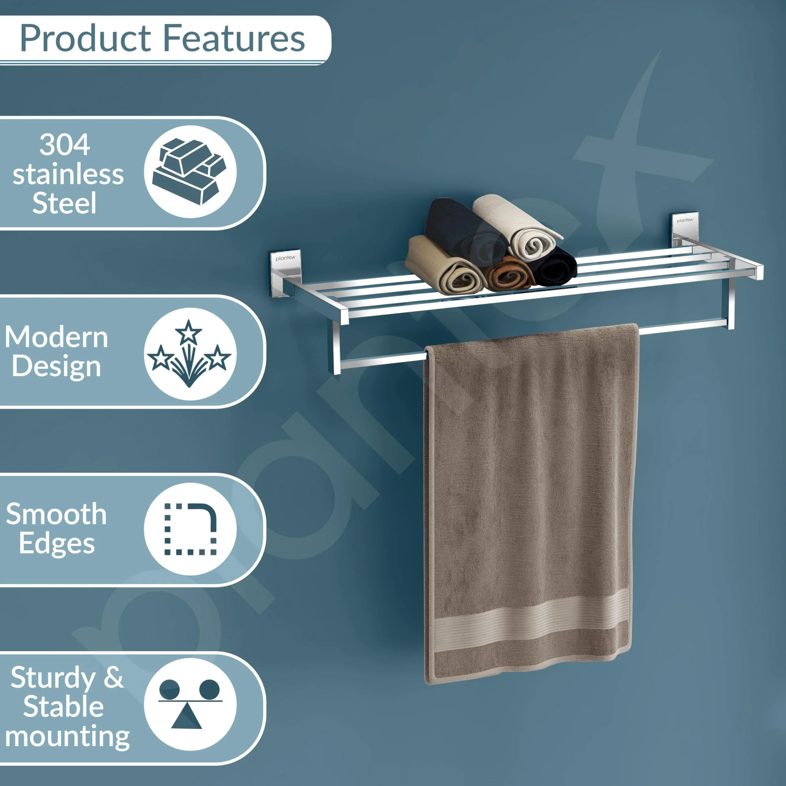 Plantex 304 Grade Stainless Steel 24 Inch Towel Rack for Bathroom/Towel Stand/Towel Hanger/Bathroom Accessories - Iris (Chrome) - Image 2