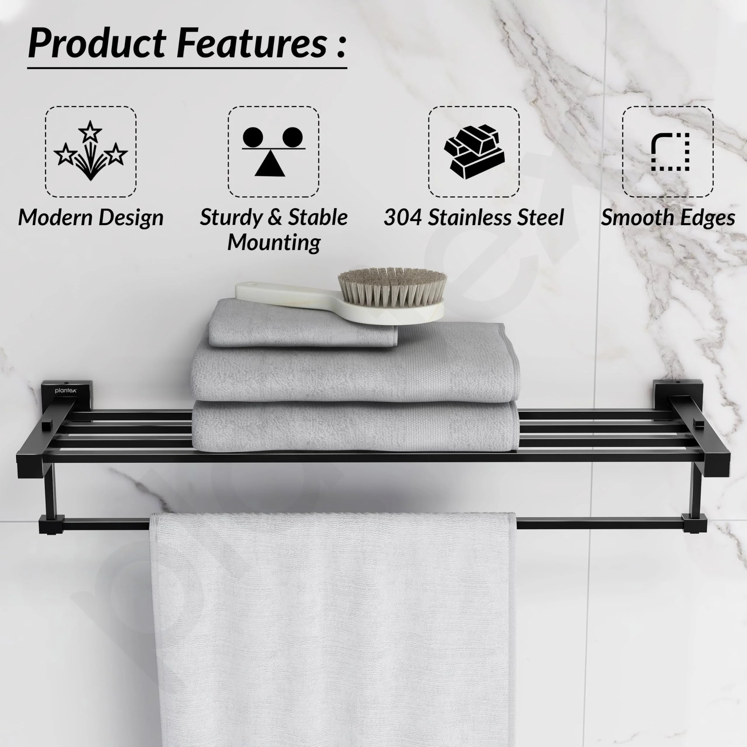 Plantex 304 Grade Stainless Steel 24 inch Towel Rack/Towel Hanger for Bathroom/Towel Rod/Towel Bar/Bathroom Accessories - Splash (Black) - Image 2