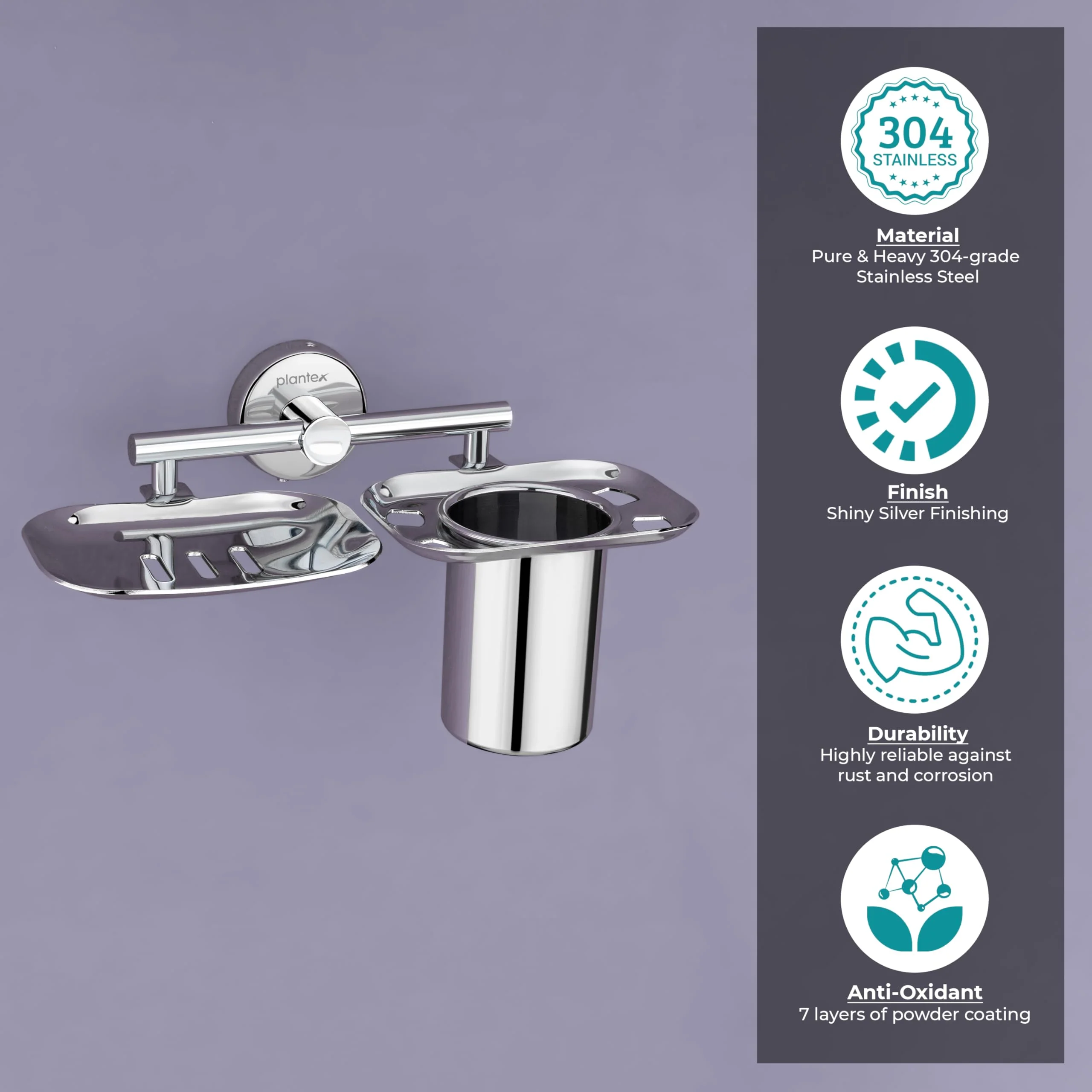 Plantex 304 Grade Stainless Steel 2in1 Soap Dish with Tumbler Holder/Soap Stand/Tooth Brush Holder/Bathroom Accessories - (Chrome) - Image 3