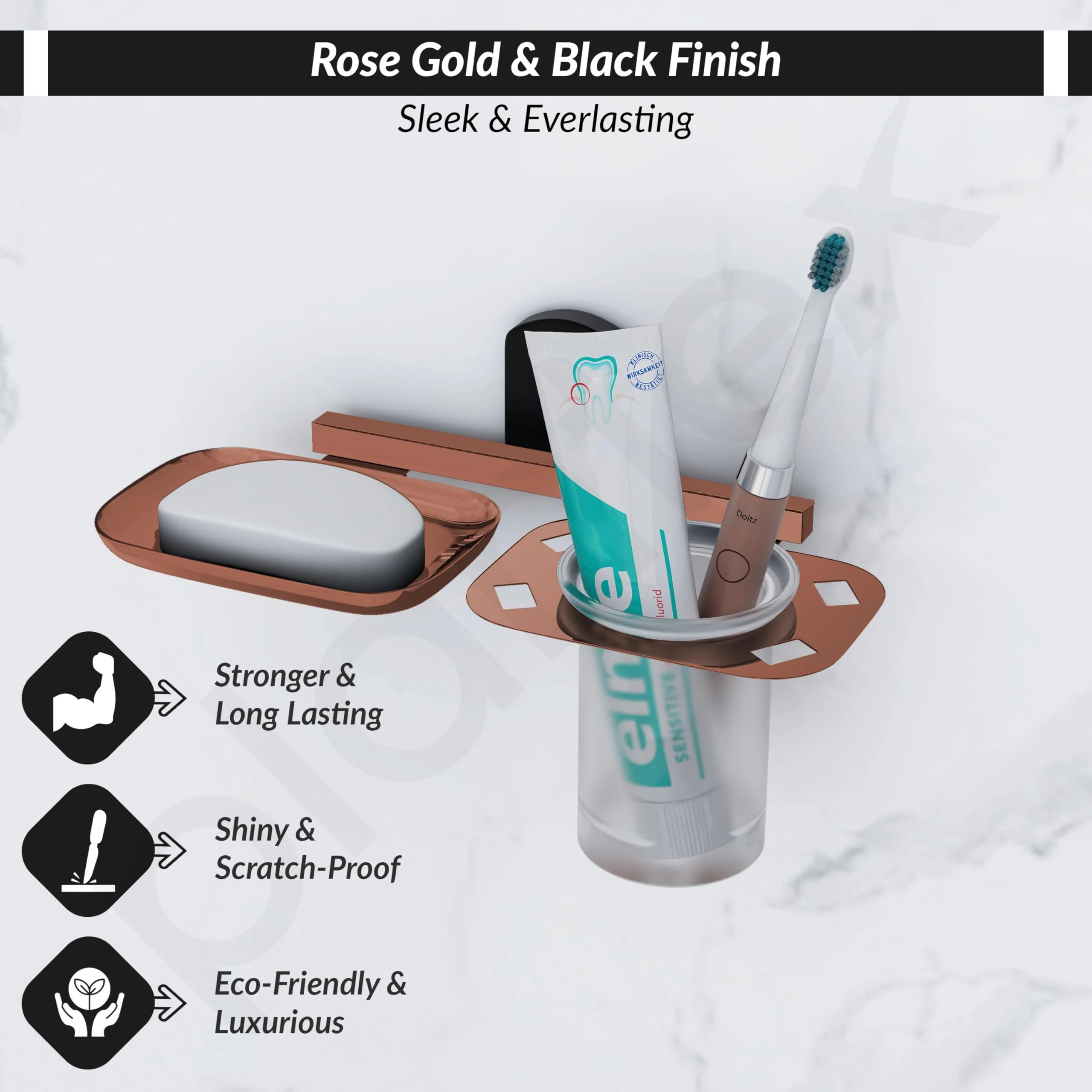 Plantex 304 Grade Stainless Steel 2in1 Soap Dish with Tumbler Holder/Soap Stand/Tooth Brush Holder/Bathroom Accessories - (Parv-Rose Gold & Black) - Image 3