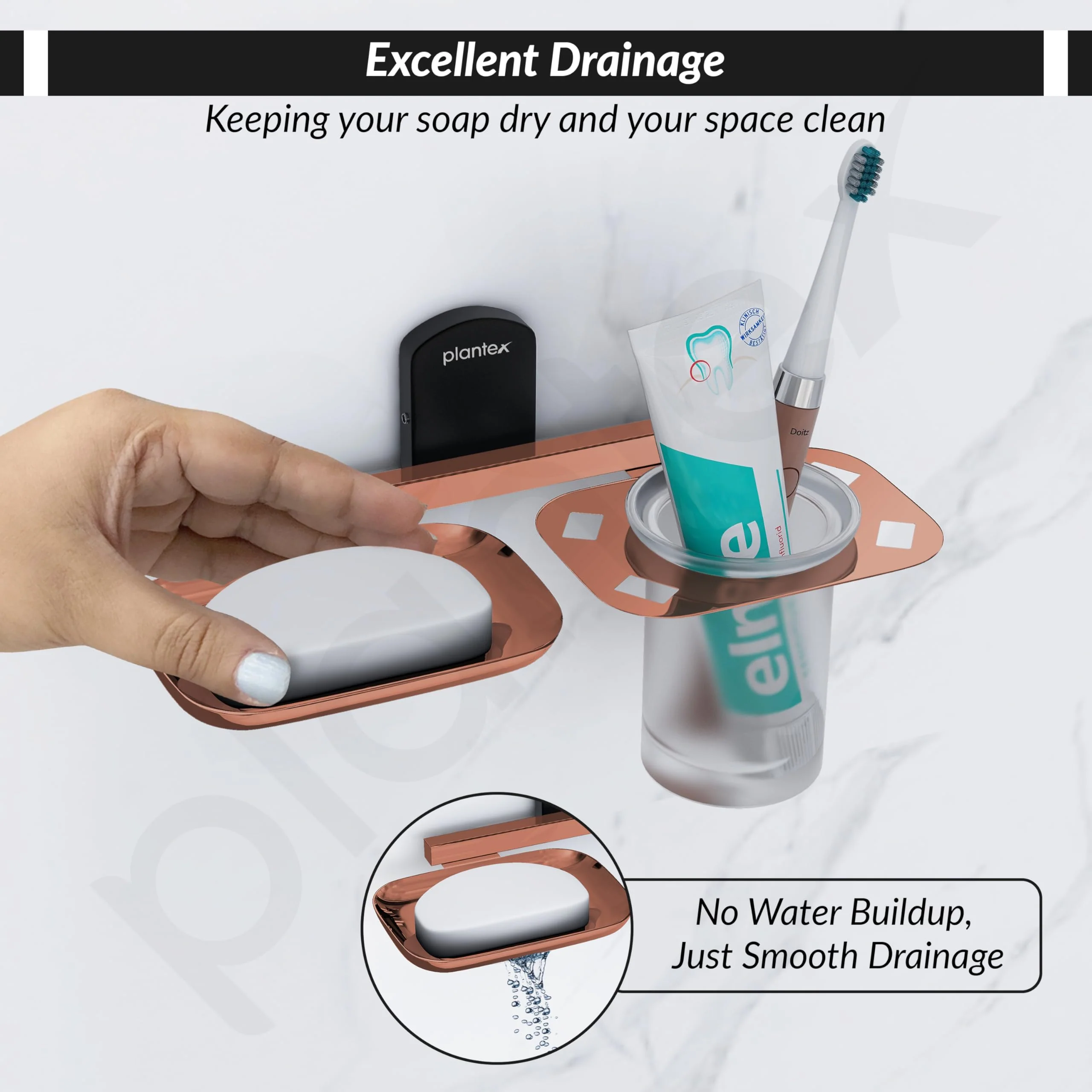 Plantex 304 Grade Stainless Steel 2in1 Soap Dish with Tumbler Holder/Soap Stand/Tooth Brush Holder/Bathroom Accessories - (Parv-Rose Gold & Black) - Image 4