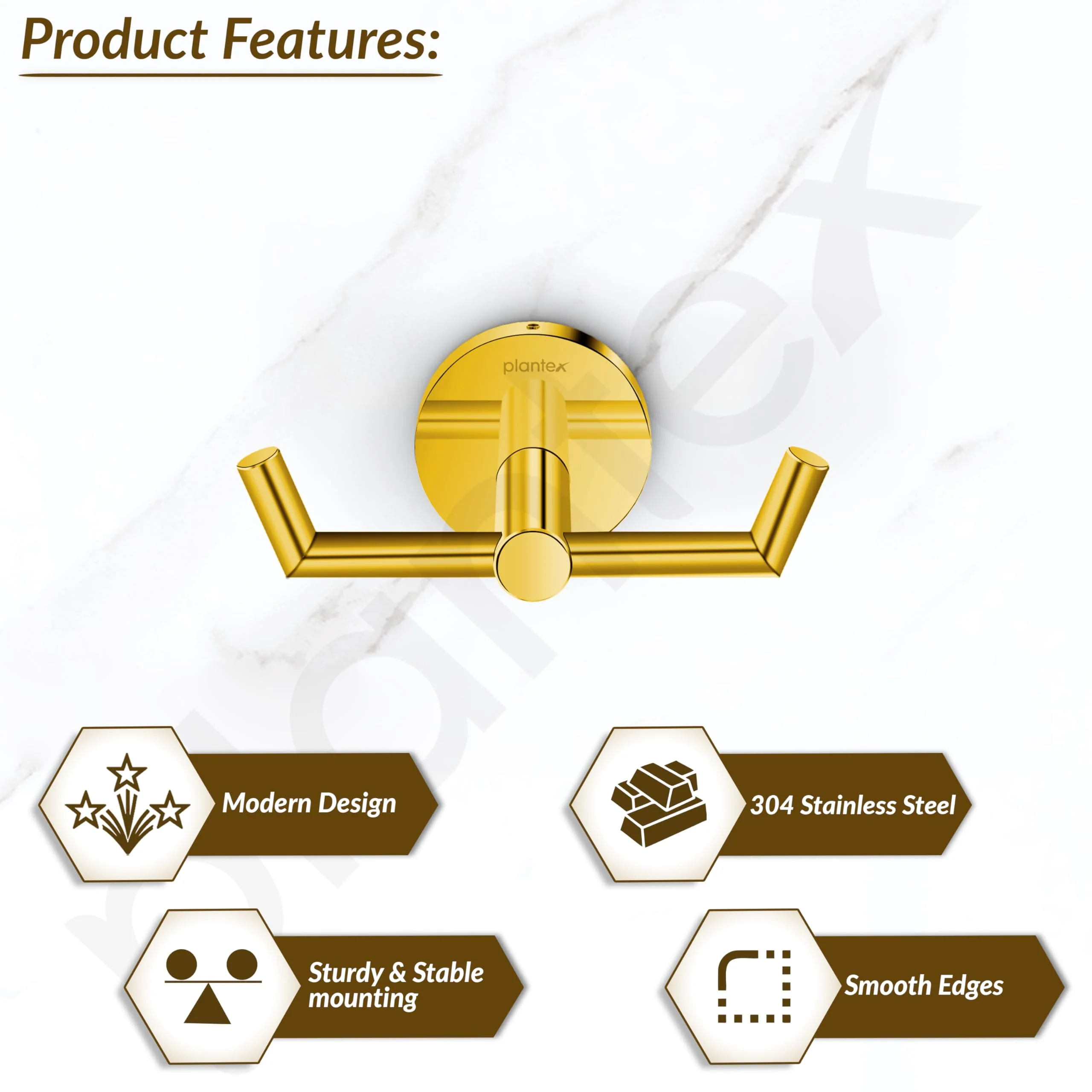 Plantex 304 Grade Stainless Steel Bathroom Hooks for Hanging Towel and Clothes in Bathroom/Washroom - Oreo (Gold) - Image 2