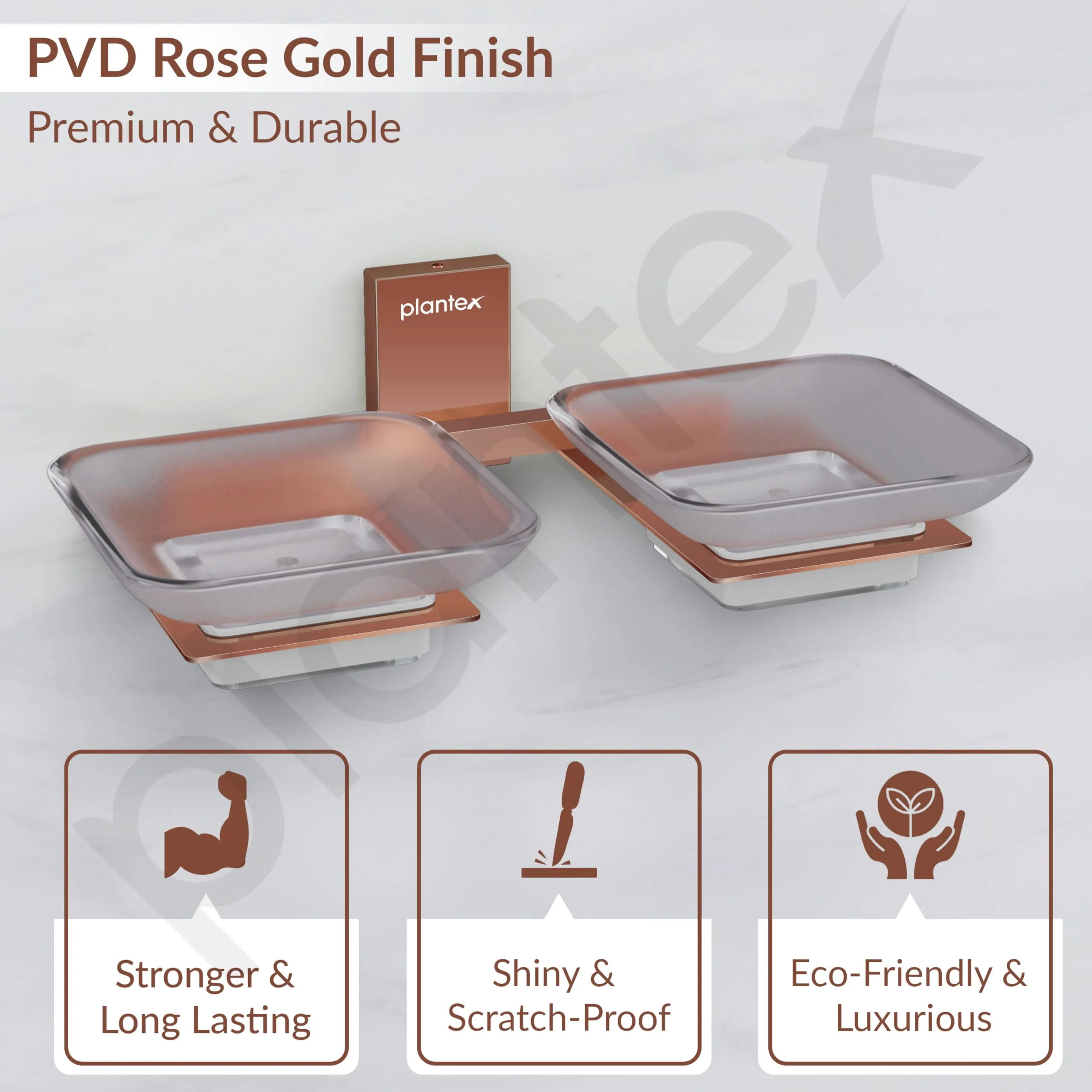 Plantex 304 Grade Stainless Steel Frosted Glass Double Soap Holder/Soap Stand/Dual Soap Dish for Bathroom/Bathroom Accessories - Pack of 1 (Crystal, PVD Rose Gold) - Image 5