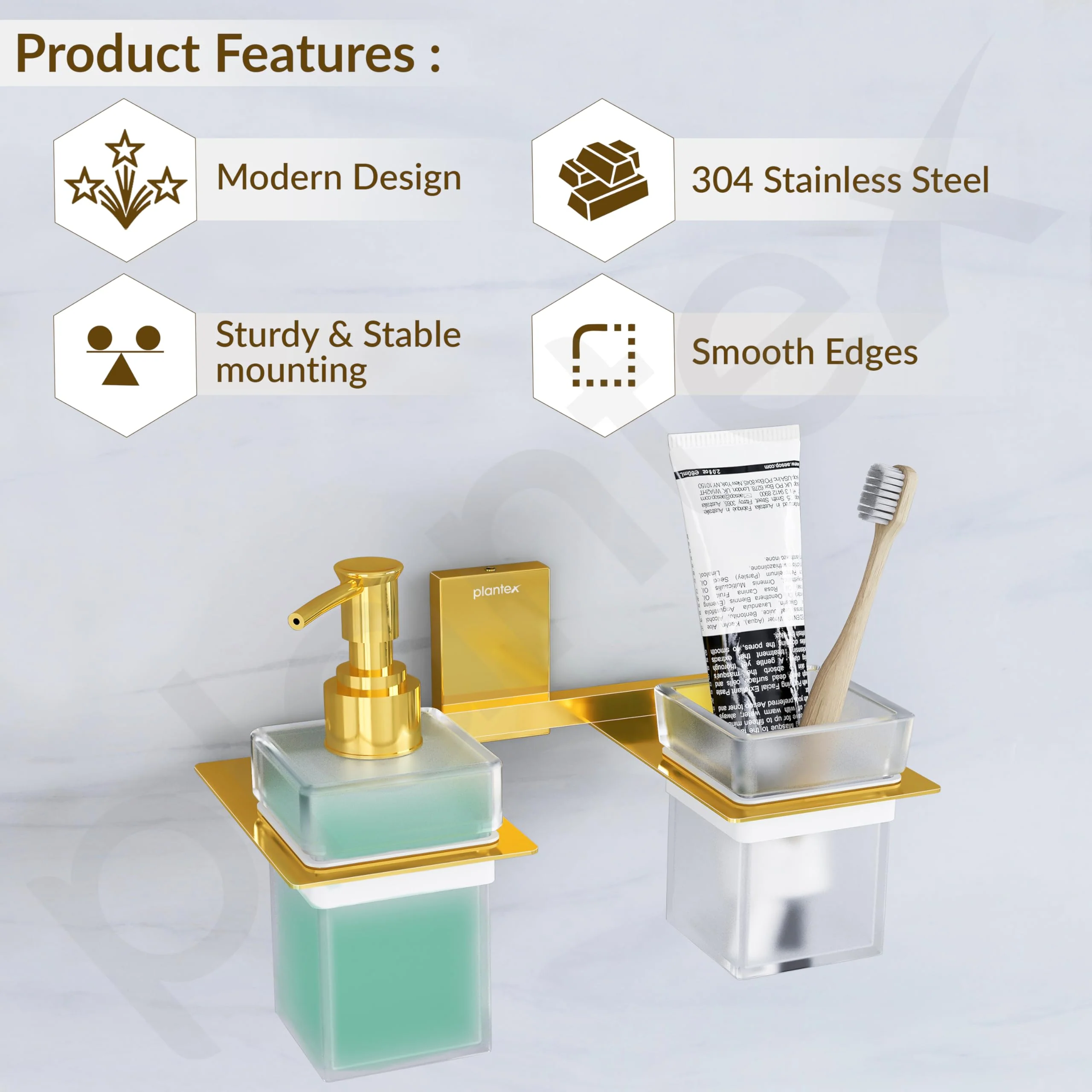 Plantex 304 Grade Stainless Steel Glass Liquid Dispenser with Tumbler Holder/Toothbrush Holder/Shampoo Dispenser for Washbasin/Kitchen/Bathroom Accessories - Pack of 1 (Crystal, PVD Gold) - Image 2
