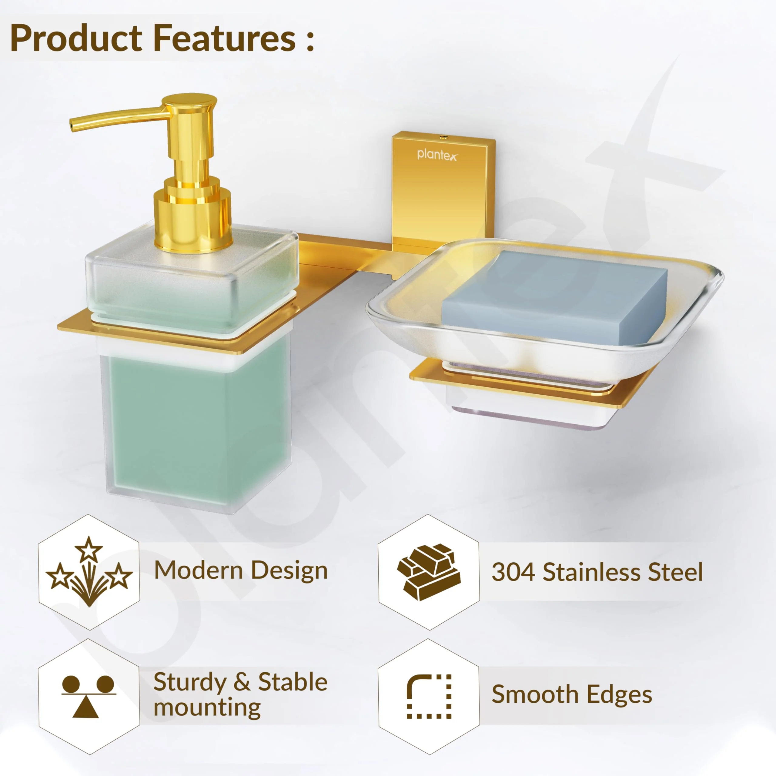 Plantex 304 Grade Stainless Steel Glass Soap Dish with Liquid Dispenser for Bathroom/Soap Stand/Glass Shampoo Dispenser/Bathroom Accessories - Pack of 1 (Crystal, PVD Gold) - Image 2