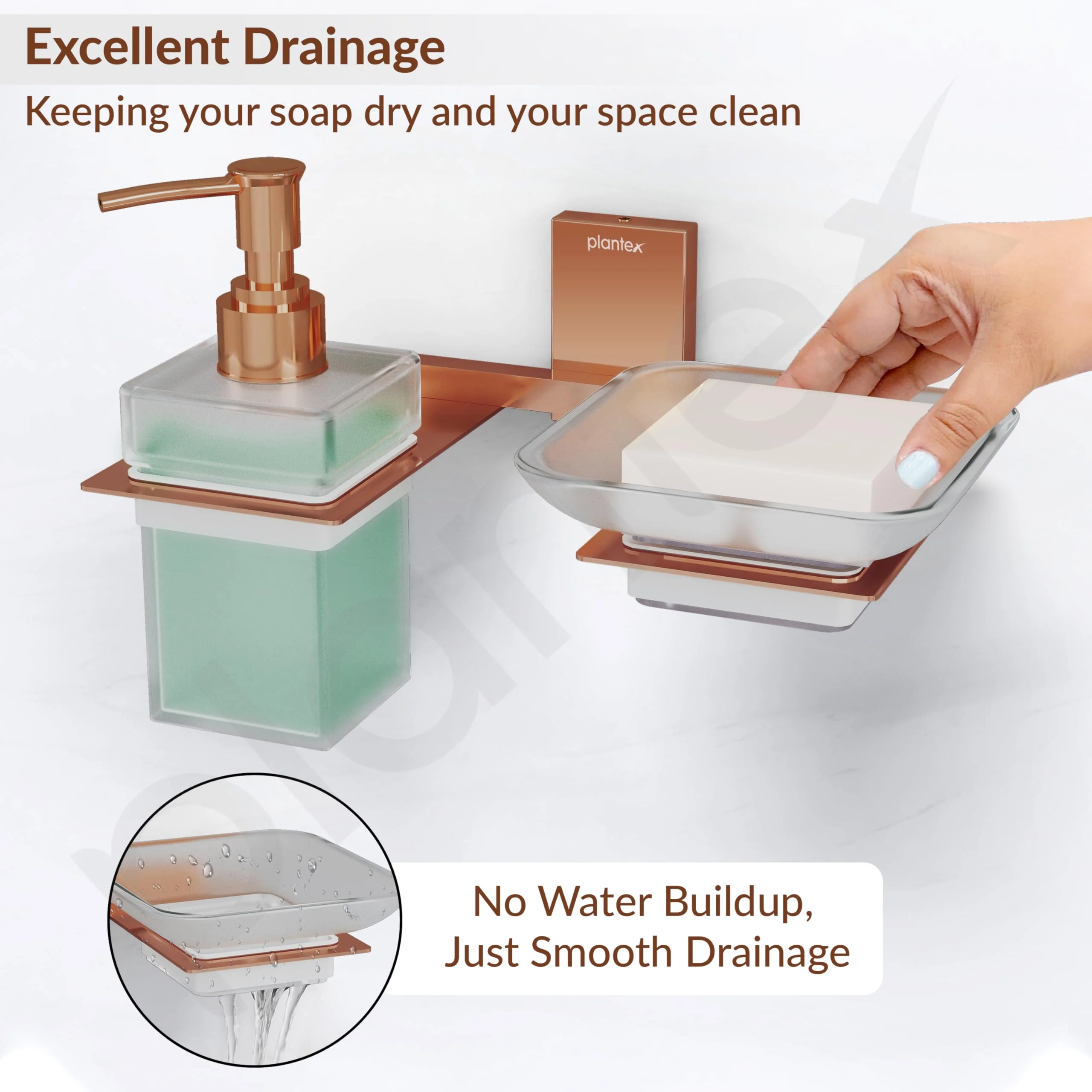 Plantex 304 Grade Stainless Steel Glass Soap Dish with Liquid Dispenser for Bathroom/Soap Stand/Glass Shampoo Dispenser/Bathroom Accessories - Pack of 1 (Crystal, PVD Rose Gold) - Image 7