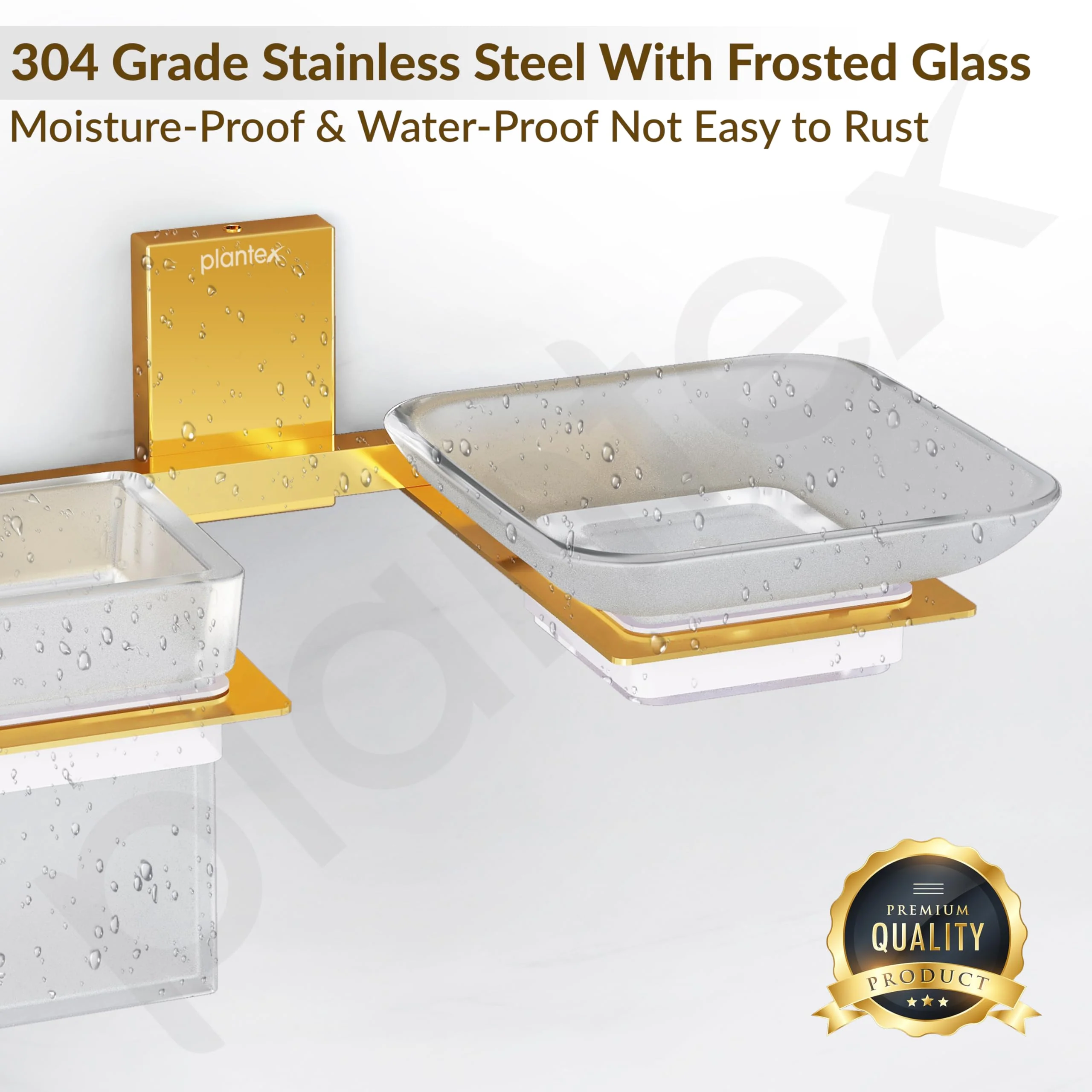 Plantex 304 Grade Stainless Steel Glass Soap Dish with Tumbler Holder/Soap Stand/Toothbrush Holder/Bathroom Accessories - Crystal (PVD Gold) - Image 4