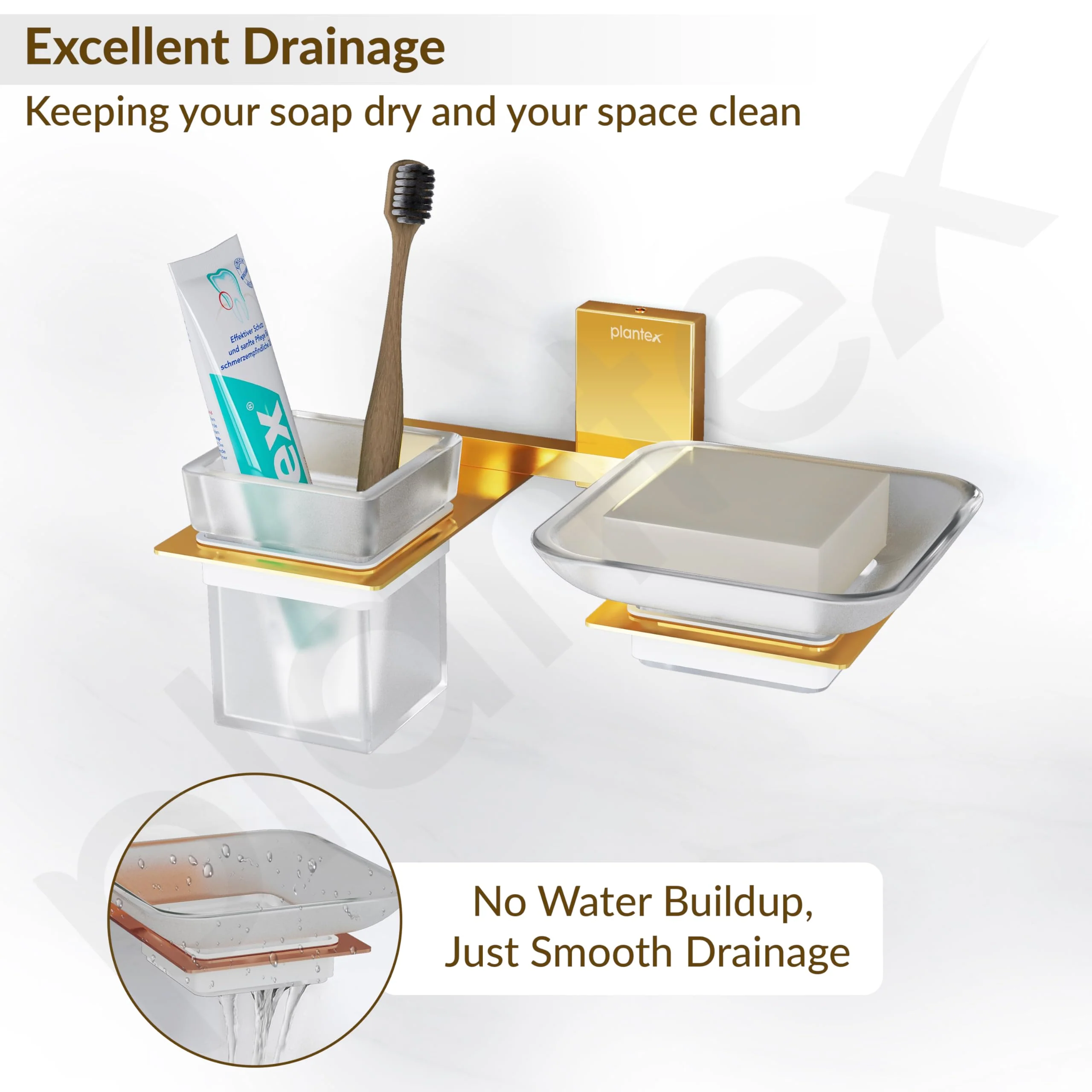 Plantex 304 Grade Stainless Steel Glass Soap Dish with Tumbler Holder/Soap Stand/Toothbrush Holder/Bathroom Accessories - Crystal (PVD Gold) - Image 7