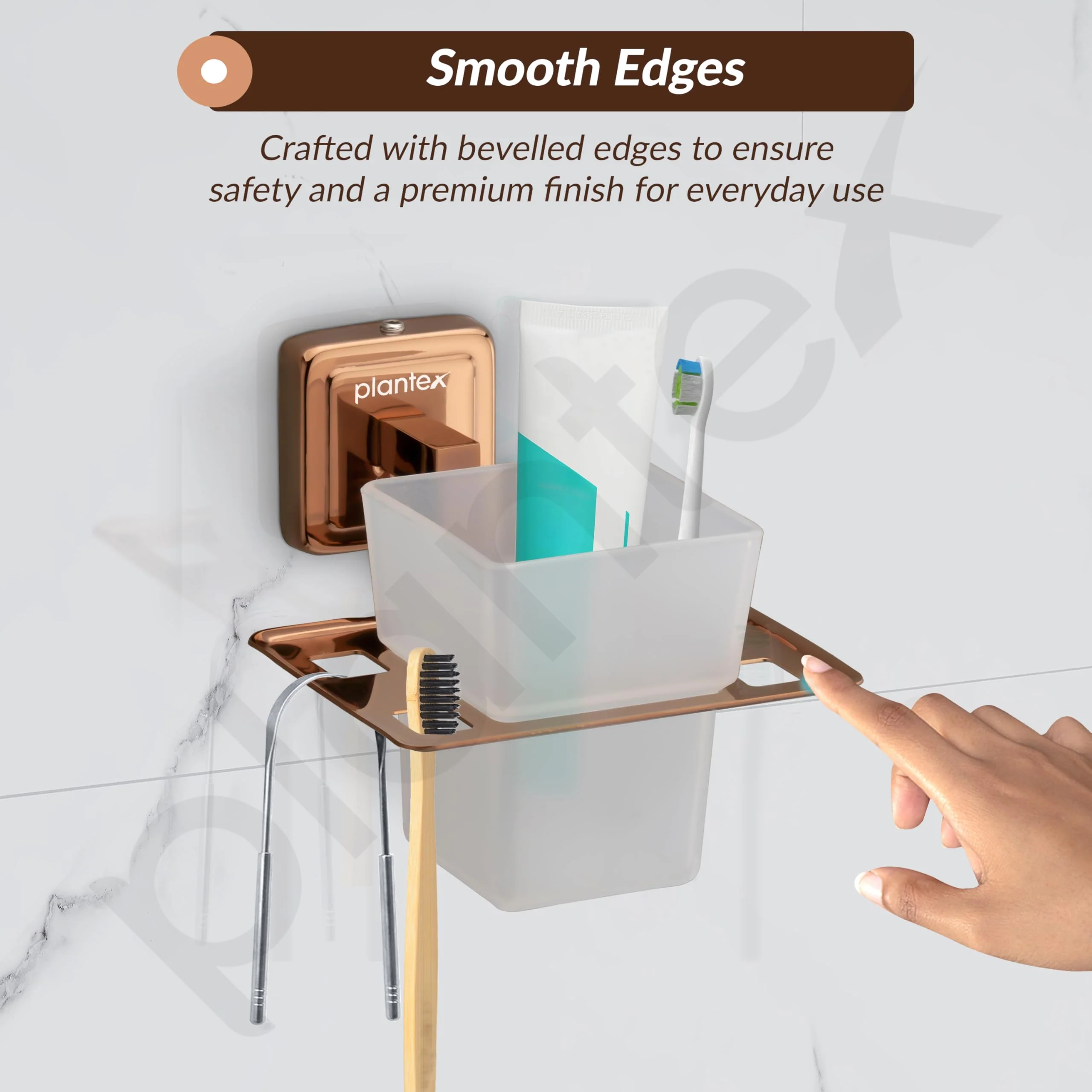 Plantex 304 Grade Stainless Steel Glass Toothbrush Holder/Stand/Toothpaste Stand/Tumbler Holder for Bathroom - Decan (Rose Gold) - Image 7