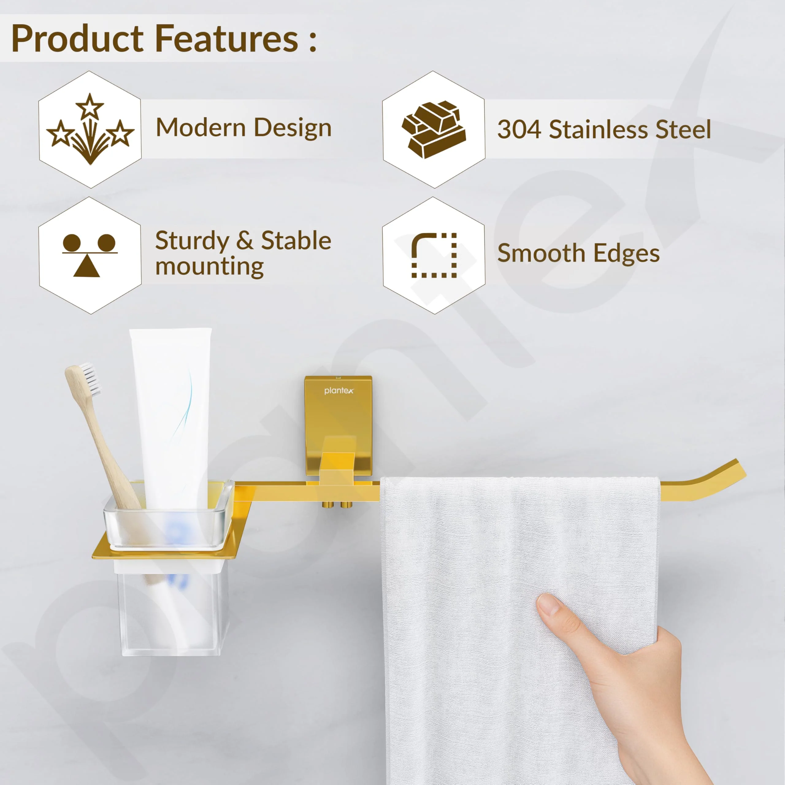 Plantex 304 Grade Stainless Steel Glass Tumbler Holder with Napkin Ring/Toothbrush Holder/Towel Holder for Bathroom/Bathroom Accessories - Pack of 1 (Crystal, PVD Gold) - Image 2