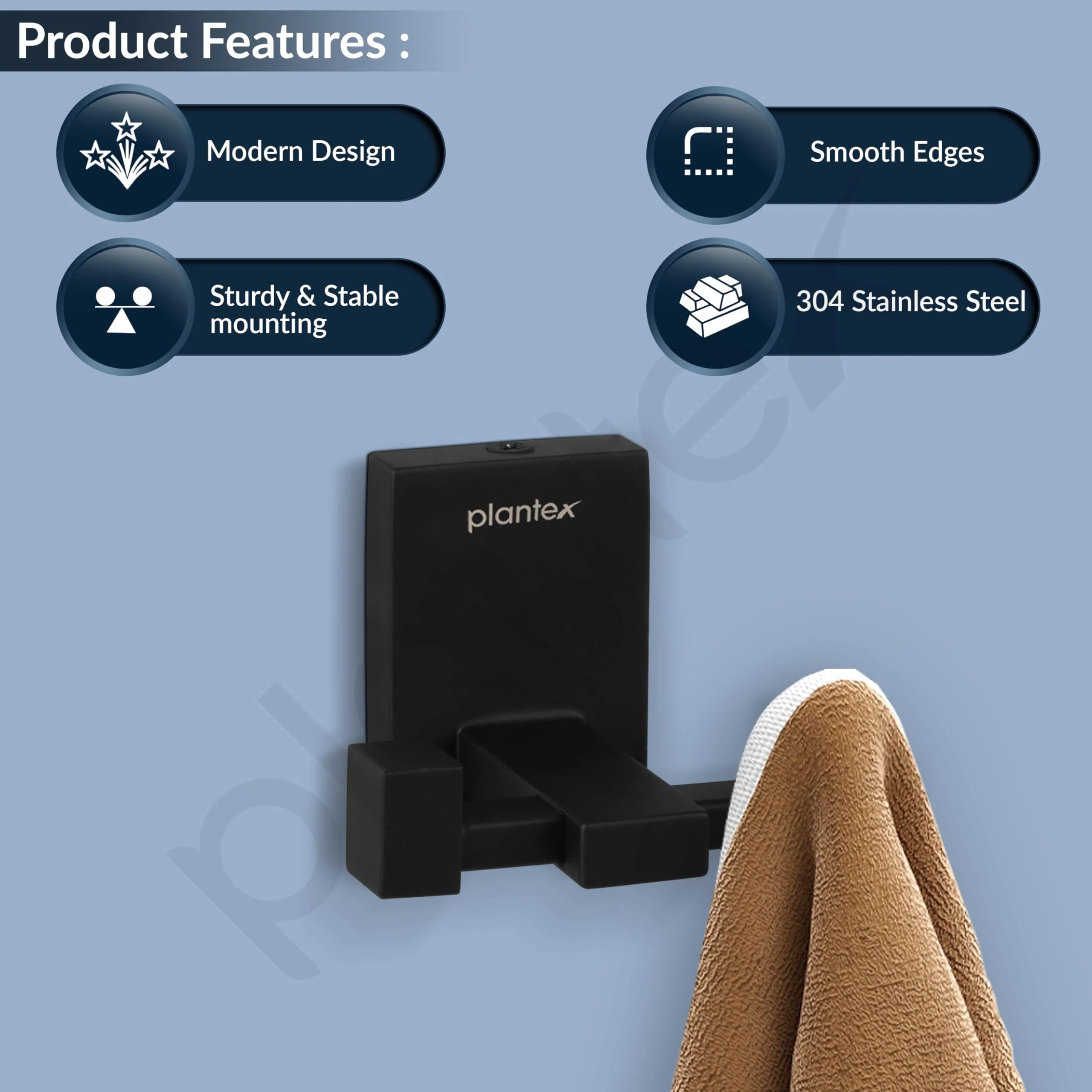 Plantex 304 Grade Stainless Steel Hooks for Hanging Clothes/Robe Hooks for Bathroom/Cloth Hanger for Wall - Black (Senso) - Image 2