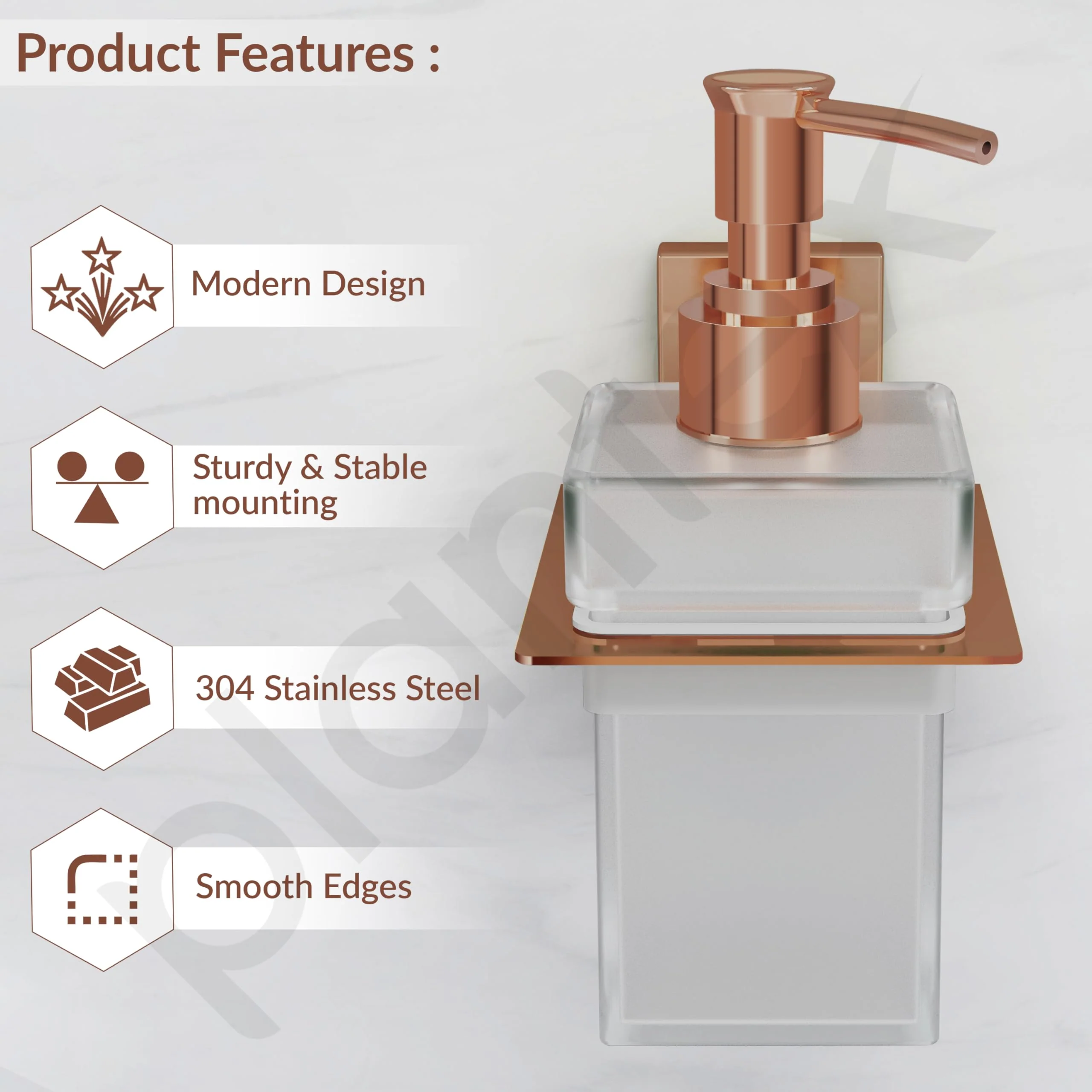 Plantex 304 Grade Stainless Steel Liquid Soap Dispenser for Bathroom/Frosted Glass Liquid Shampoo Dispenser/Hand wash Dispenser/Bathroom Accessories - Pack of 1 (Crystal, PVD Rose Gold) - Image 2