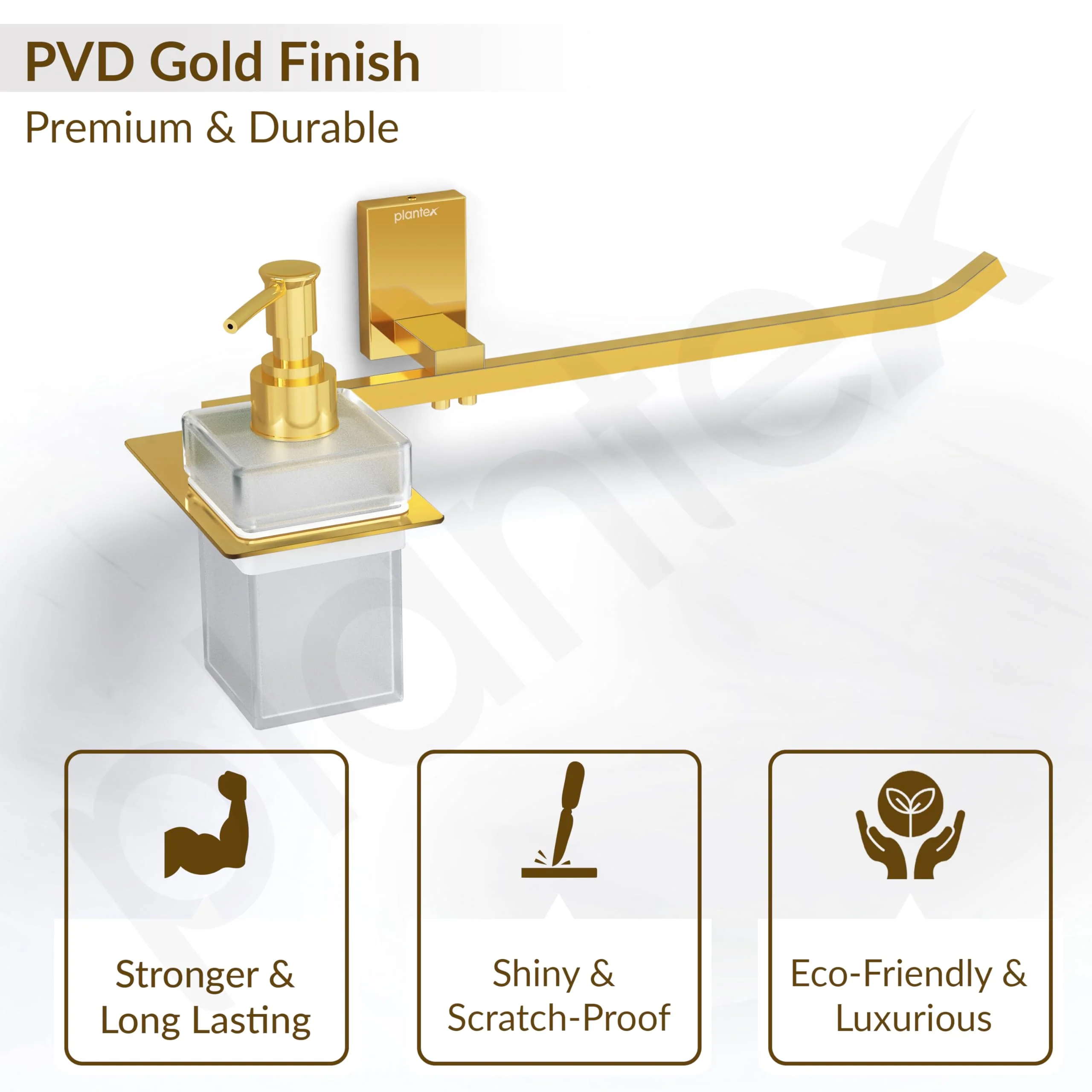 Plantex 304 Grade Stainless Steel Liquid Soap Dispenser with Napkin Ring/Shampoo Dispenser/Towel Ring for Bathroom/Bathroom Accessories - Pack of 1 (Crystal, PVD Gold) - Image 5