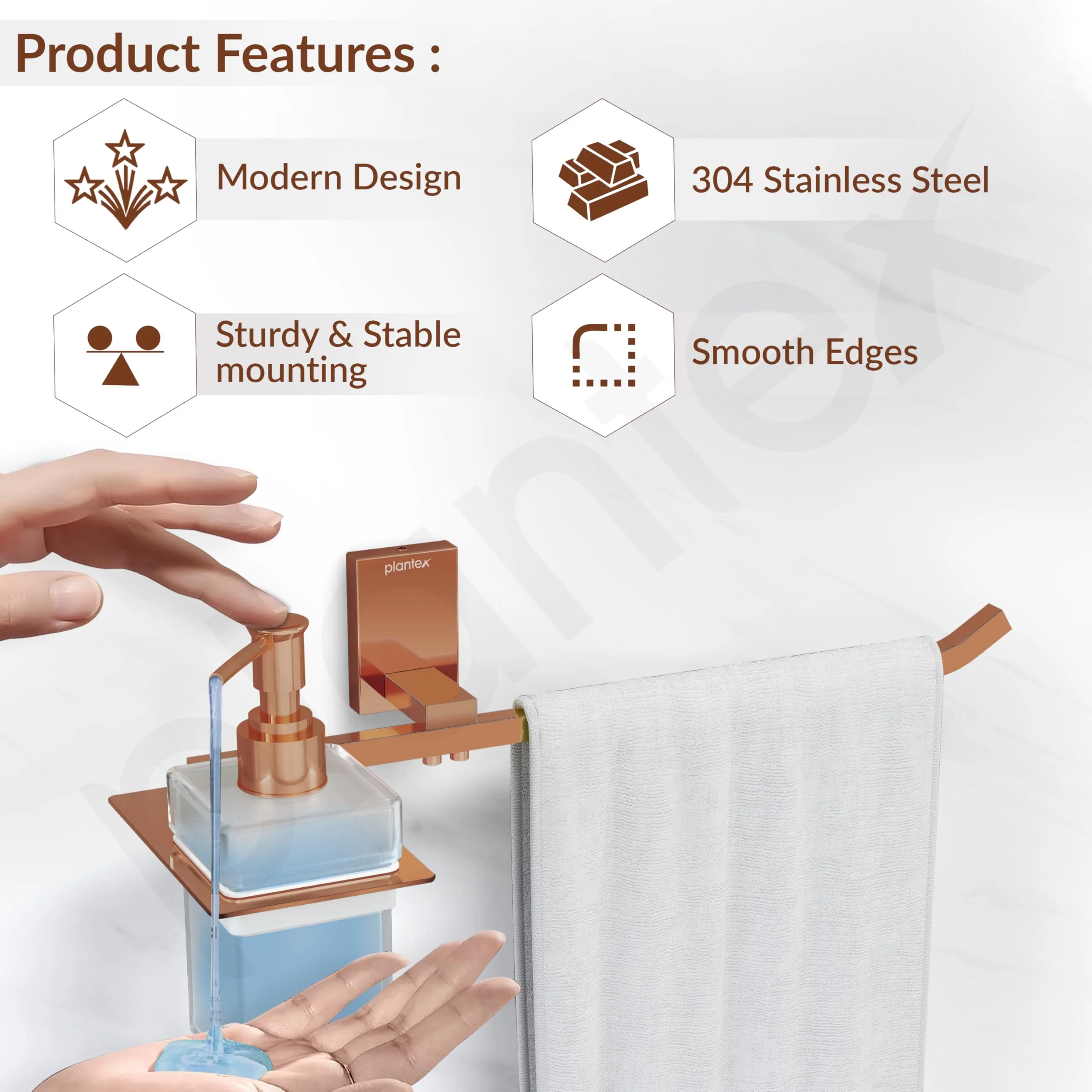 Plantex 304 Grade Stainless Steel Liquid Soap Dispenser with Napkin Ring/Shampoo Dispenser/Towel Ring for Bathroom/Bathroom Accessories - Pack of 1 (Crystal, PVD Rose Gold) - Image 2