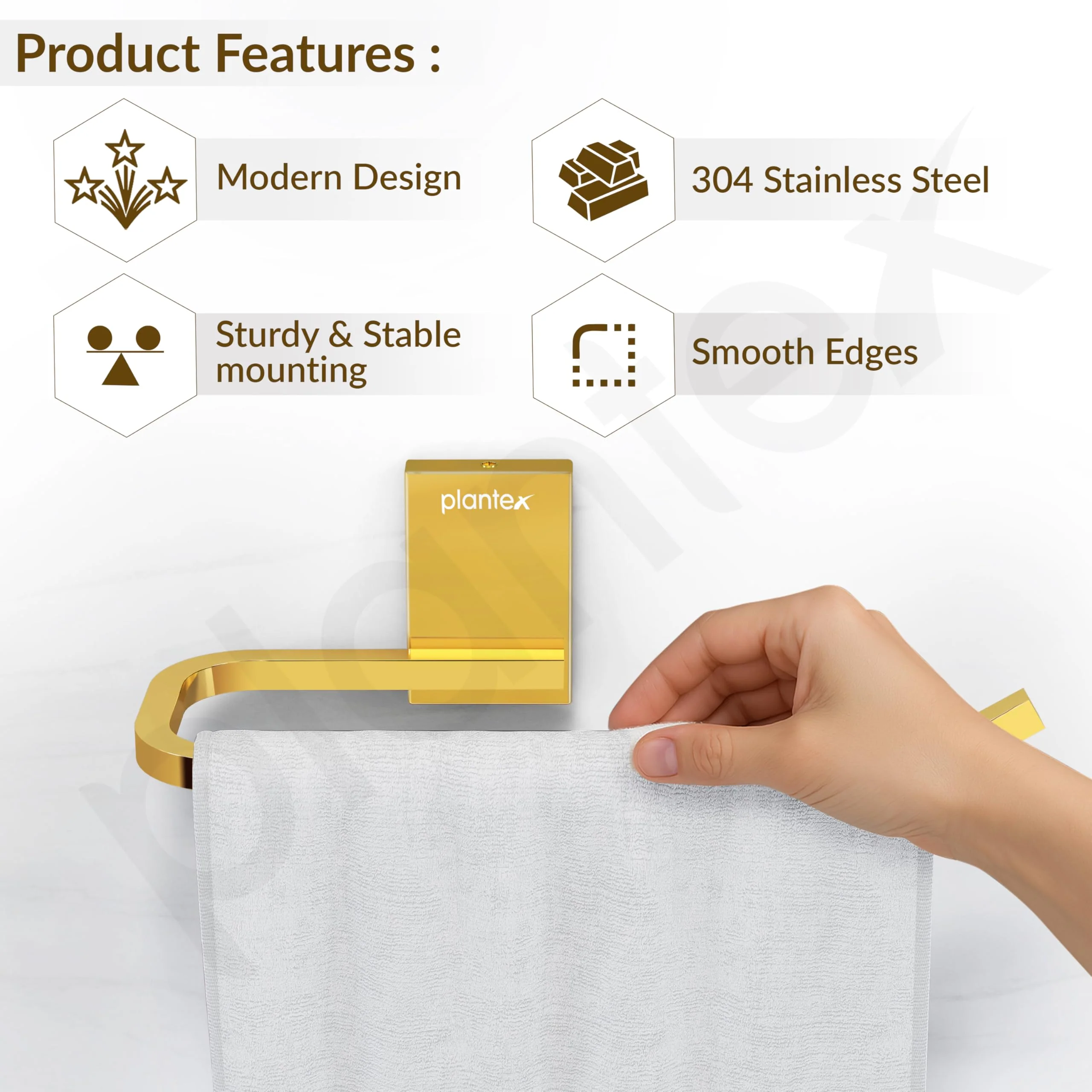 Plantex 304 Grade Stainless Steel Napkin Holder for Wash Basin/Towel Holder for Bathroom/Towel Holder/Towel Ring/Bathroom Accessories - Crystal (PVD Gold) - Image 2