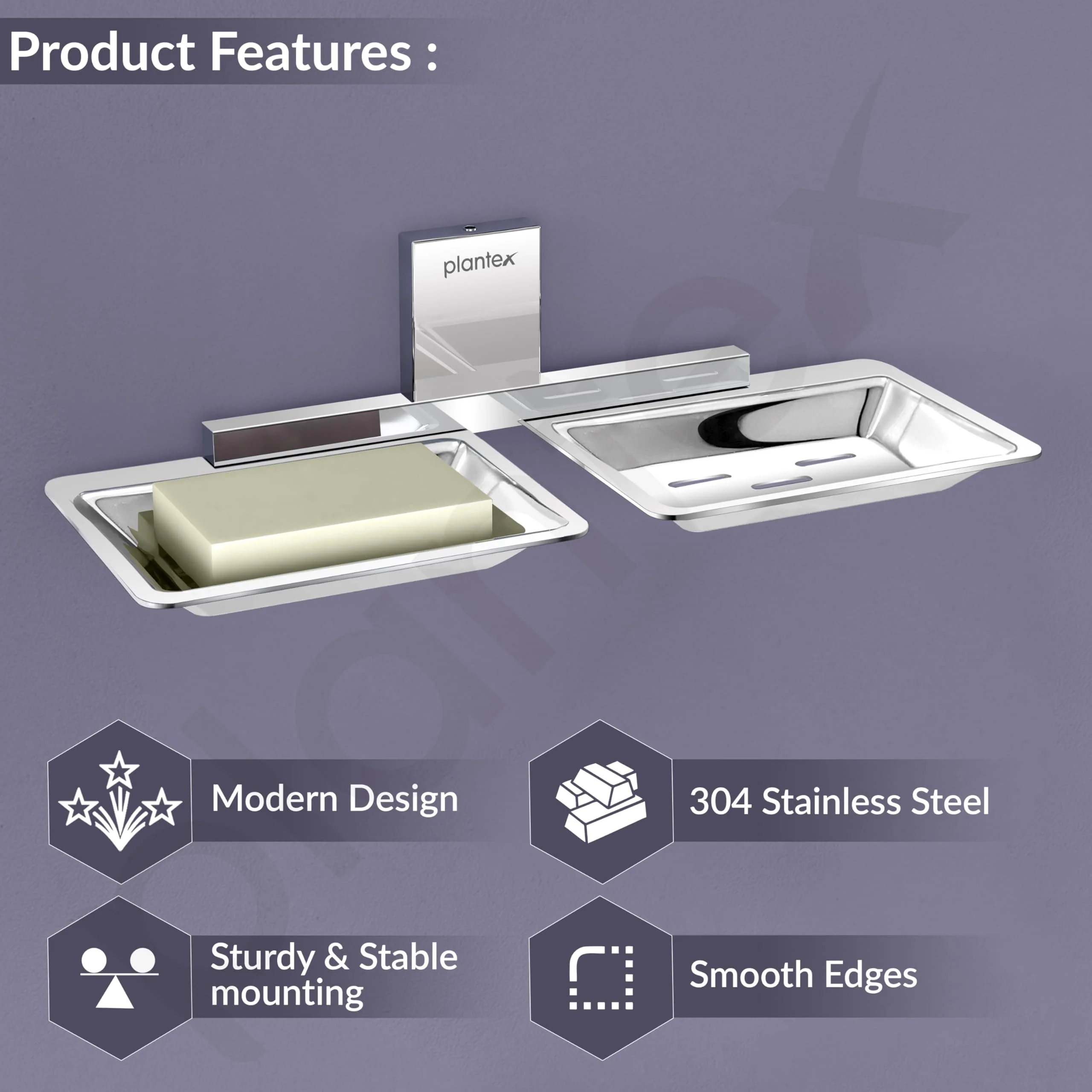 Plantex 304 Grade Stainless Steel Rectangular Double Soap Holder for Bathroom/Soap Dish/Bathroom Soap Stand/Bathroom Accessories Crystal (Chrome) - Image 2