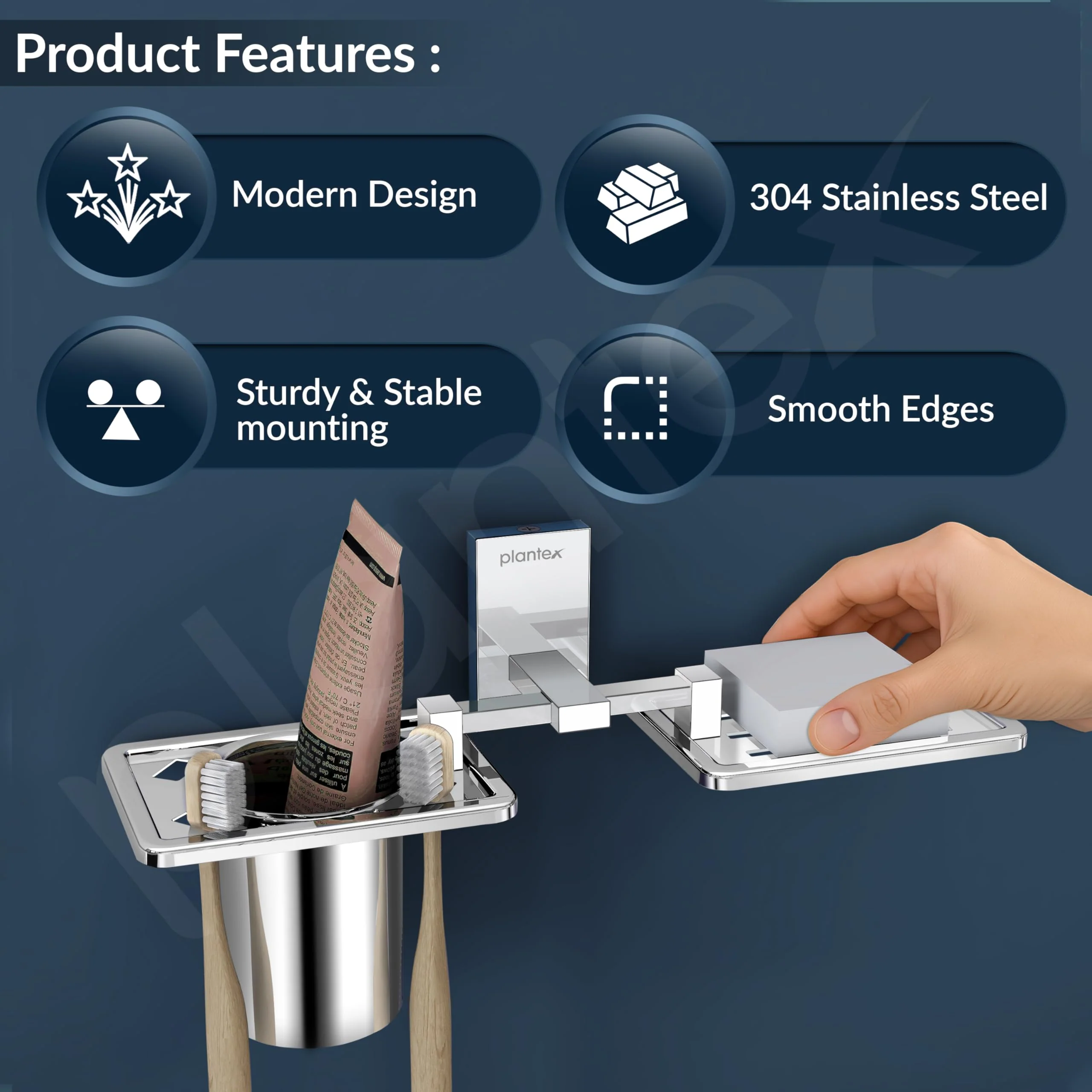 Plantex 304 Grade Stainless Steel Senso Bathroom 2in 1 Soap and Brush Holder for Bathroom/Soap Stand/Tumbler Holder/Bathroom Accessories - Chrome - Image 2