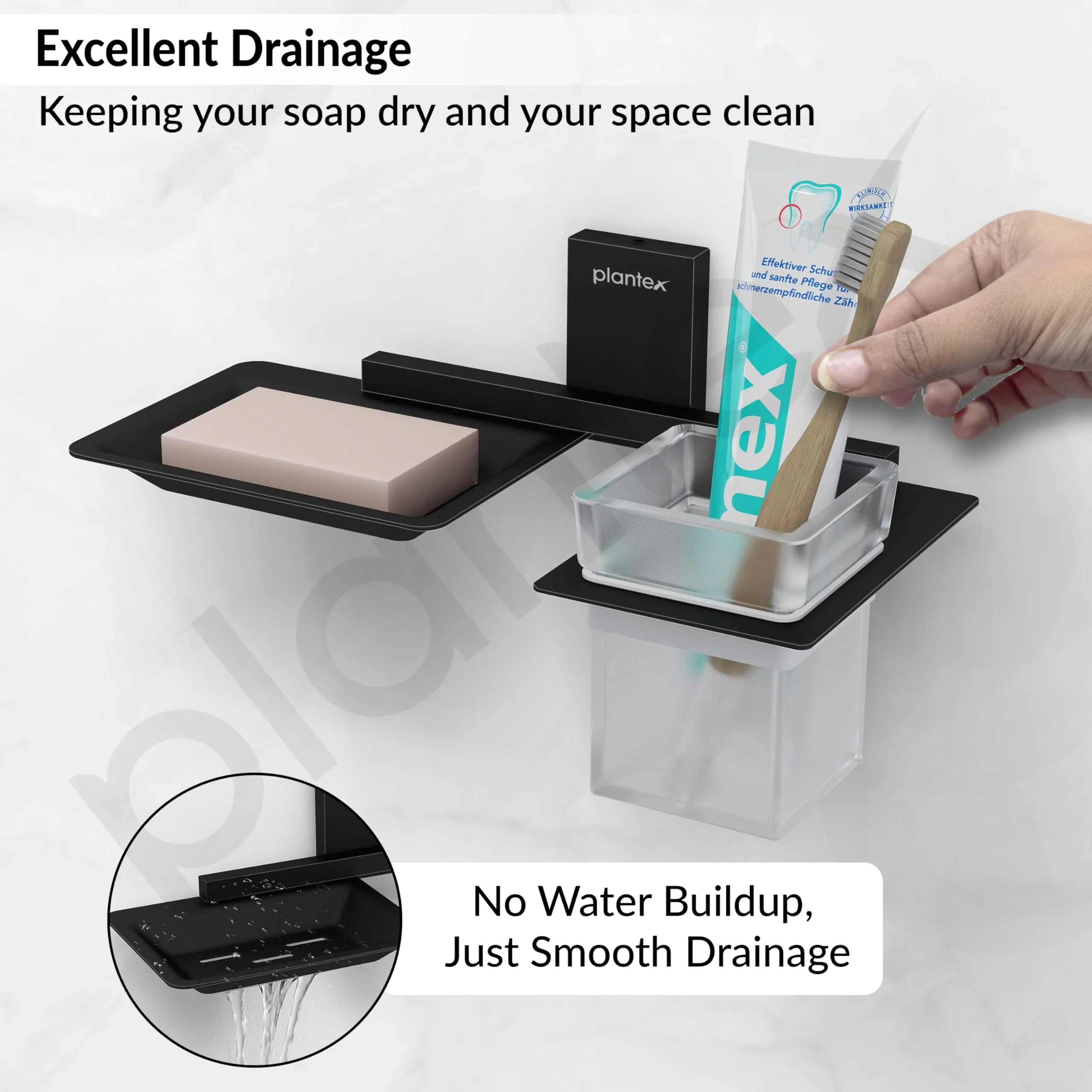 Plantex 304 Grade Stainless Steel Soap Dish with Glass Toothbrush Holder/Soap Stand/Soap Case with Tumbler/Bathroom Accessories - (Crystal, Black) - Image 7