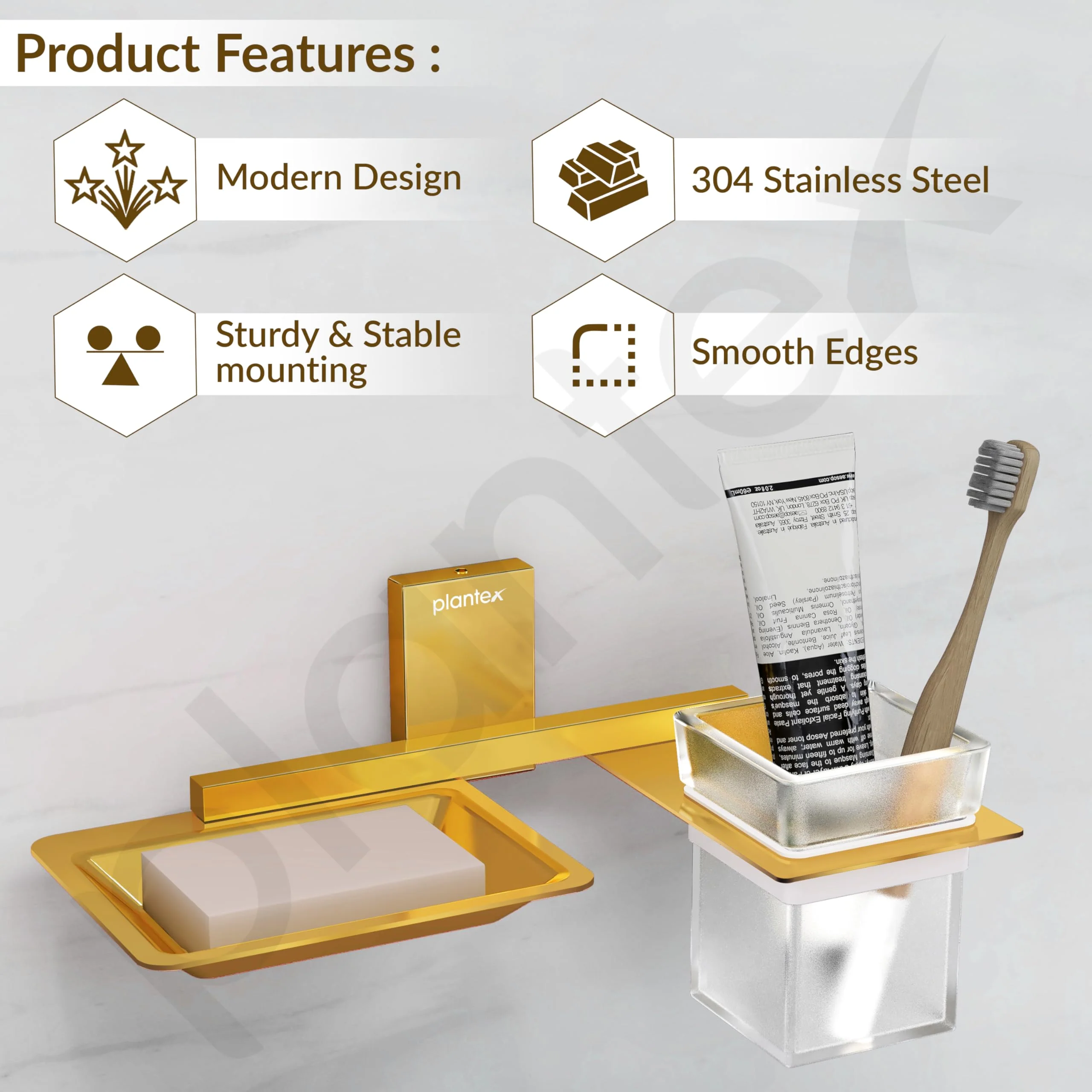 Plantex 304 Grade Stainless Steel Soap Dish with Glass Toothbrush Holder/Soap Stand/Soap Case with Tumbler/Bathroom Accessories - Pack of 1 (Crystal, PVD Gold) - Image 2