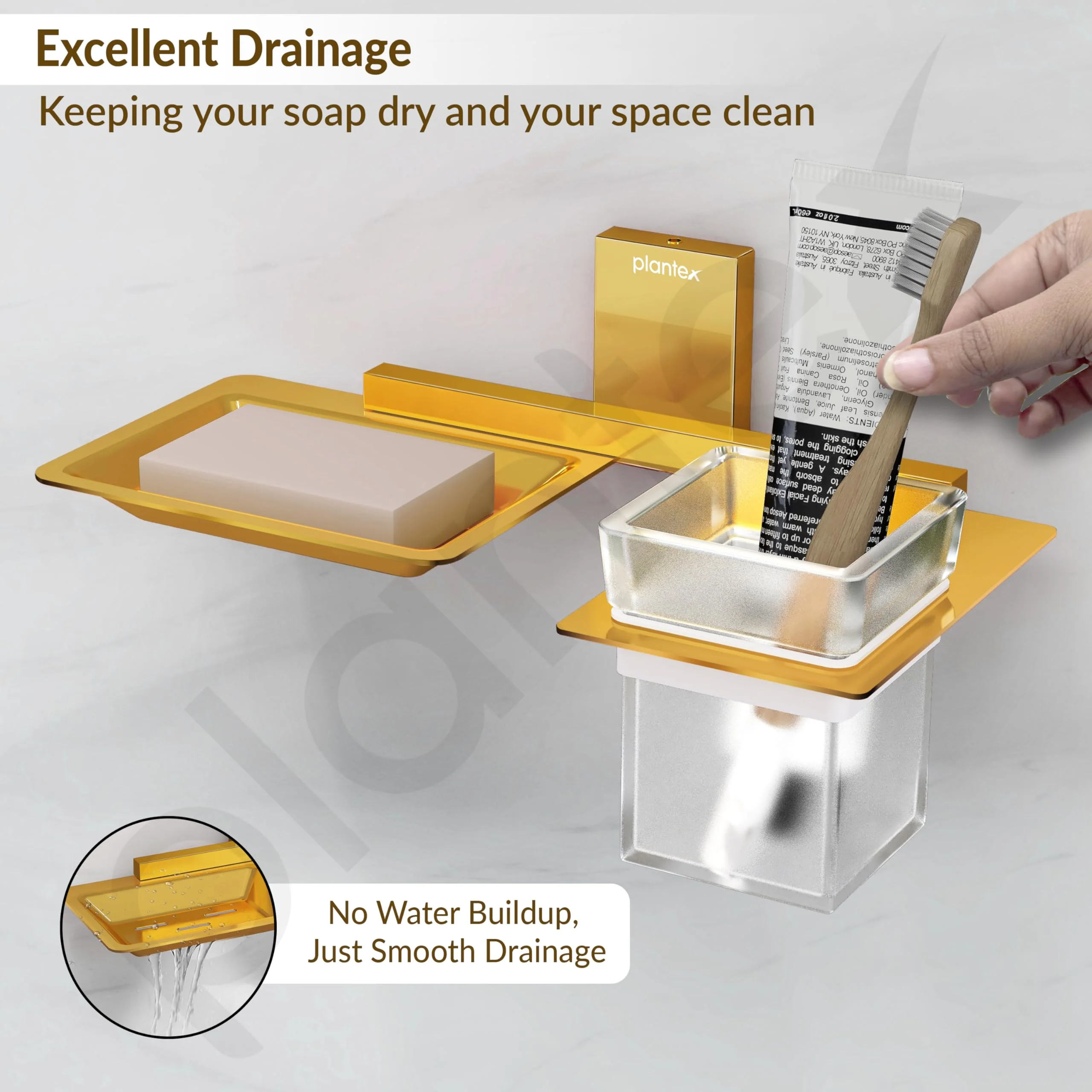 Plantex 304 Grade Stainless Steel Soap Dish with Glass Toothbrush Holder/Soap Stand/Soap Case with Tumbler/Bathroom Accessories - Pack of 1 (Crystal, PVD Gold) - Image 7