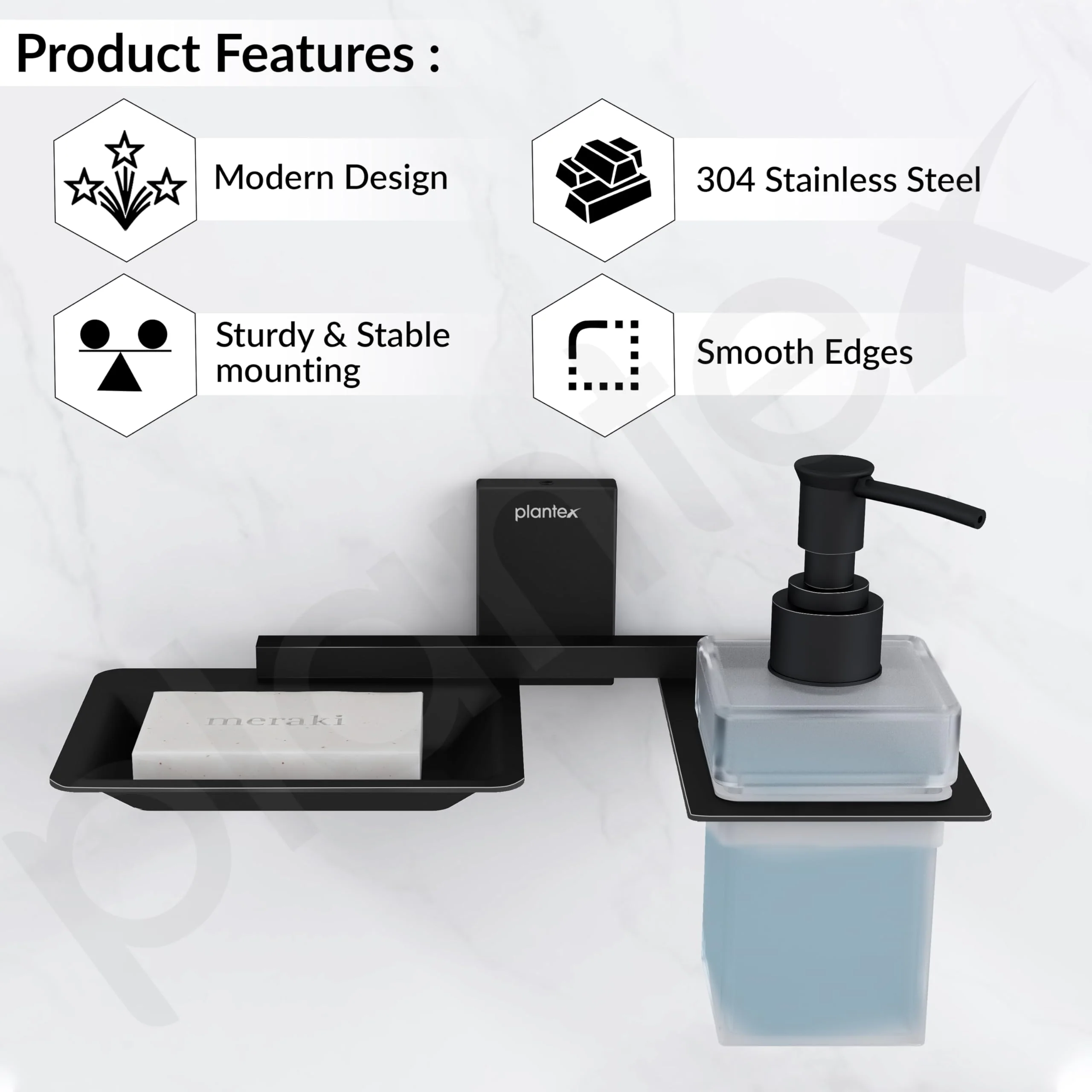 Plantex 304 Grade Stainless Steel Soap Dish with Liquid Dispenser/Soap Stand/Shampoo Dispenser for Bathroom/Bathroom Accessories - Pack of 1 (Crystal, Black) - Image 2