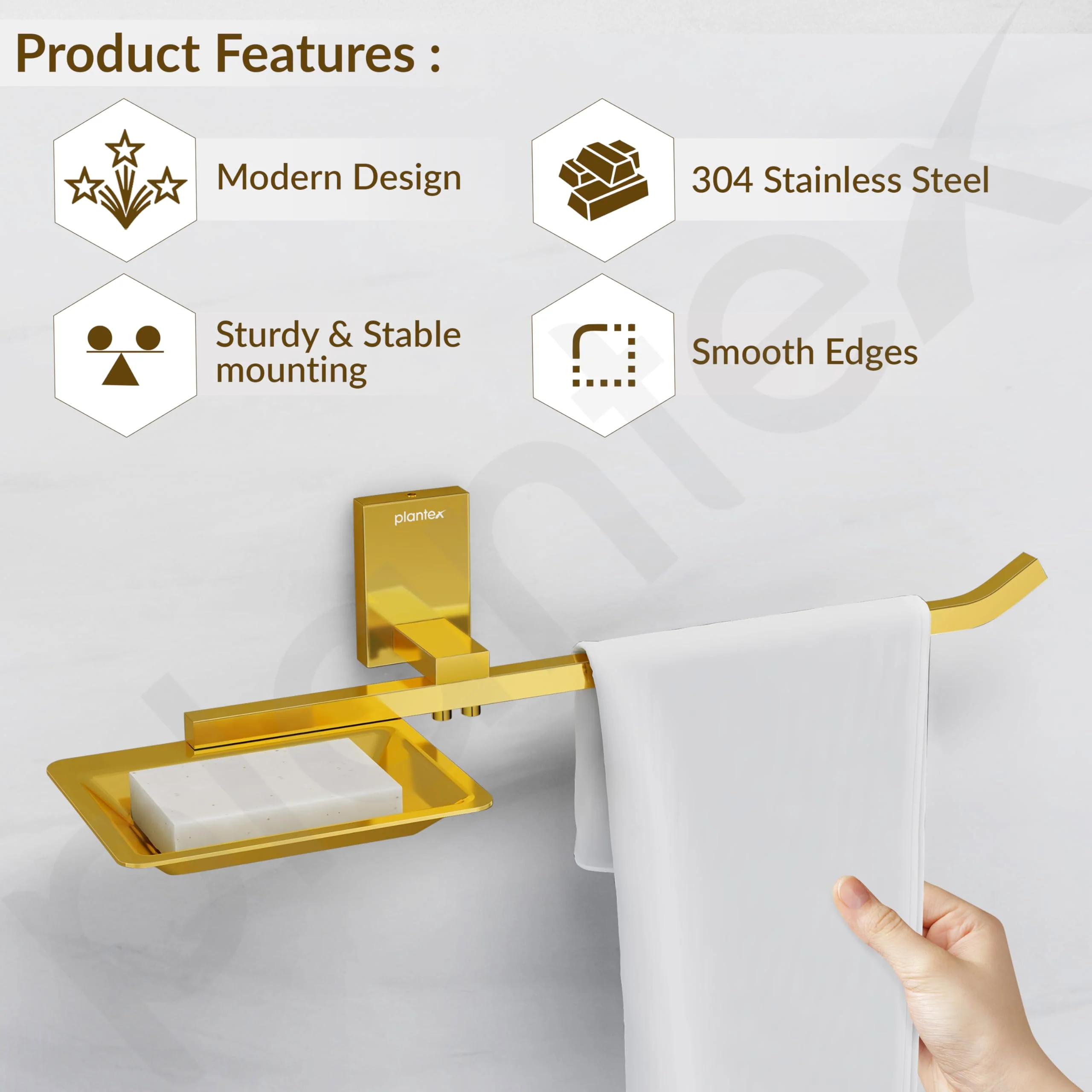Plantex 304 Grade Stainless Steel Soap Dish with Napkin Ring/Soap Stand/Soap Holder/Napkin Holder/Towel Hanger for Bathroom/Bathroom Accessories - Pack of 1 (Crystal, PVD Gold) - Image 2