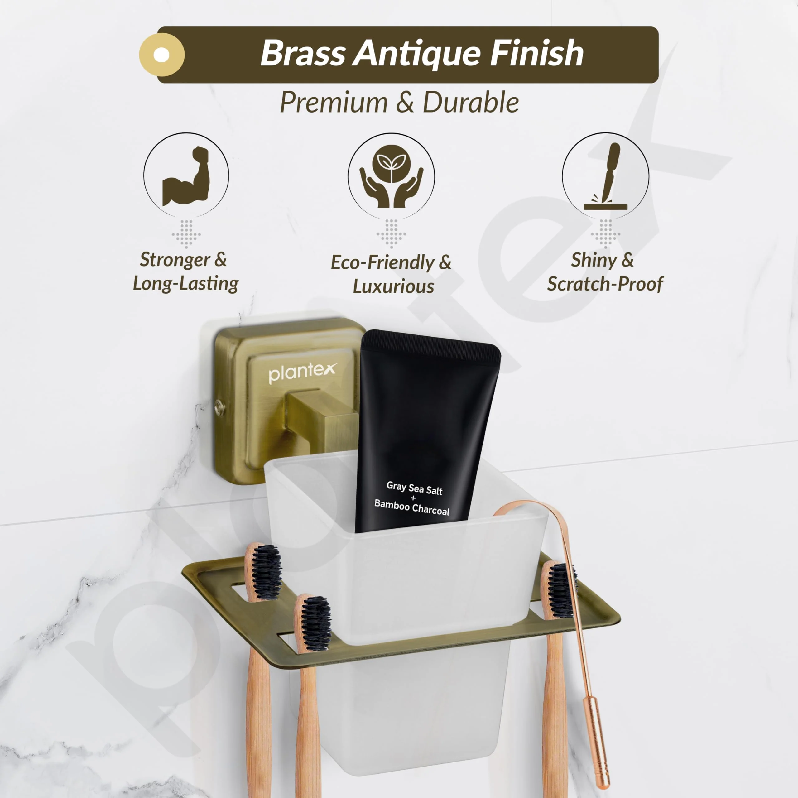 Plantex 304 Grade Stainless Steel Toothbrush Holder/Stand/Toothpaste Stand/Tumbler Holder for Bathroom - Decan (Brass Antique) - Image 3
