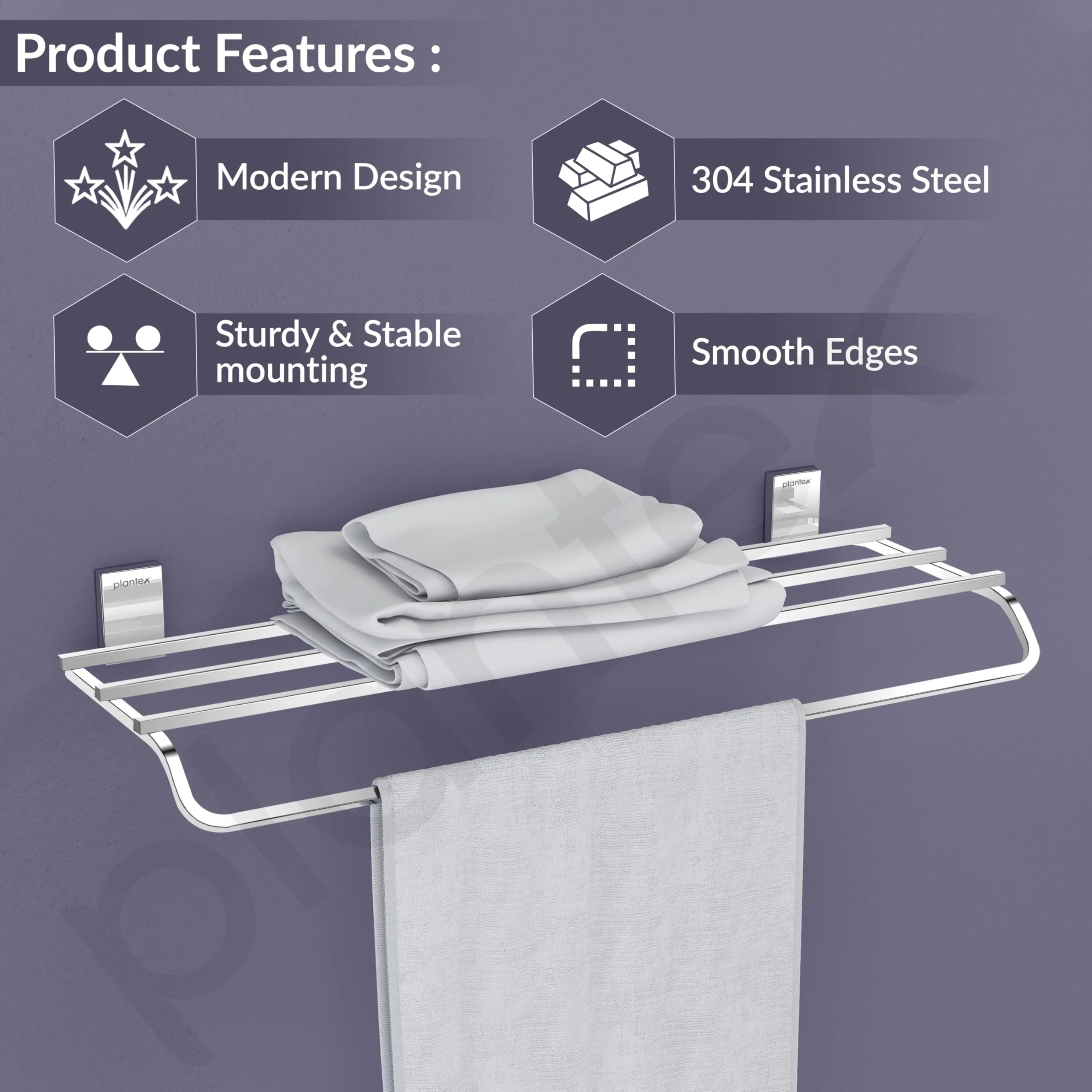 Plantex 304 Grade Stainless Steel Towel Rack/Holder/Towel Hanger for Bathroom/Bathroom Accessories, Crystal (Chrome - 24 inch) - Image 2
