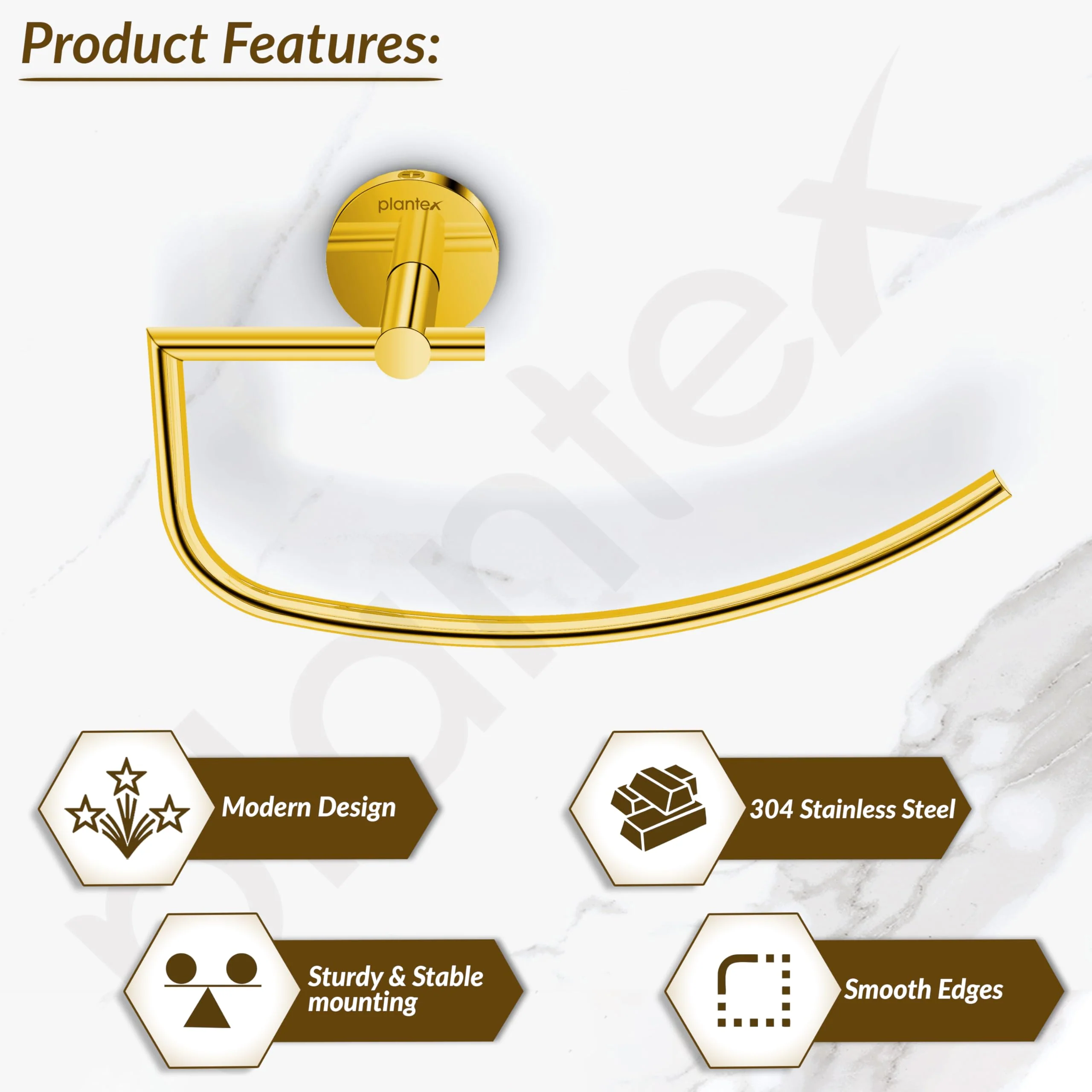 Plantex 304 Grade Stainless Steel Towel Ring/Hand Towel Holder/Towel Hanger for Bathroom/Napkin Holder for Wash Basin/Bathroom Accessories - Oreo (Gold) - Image 2