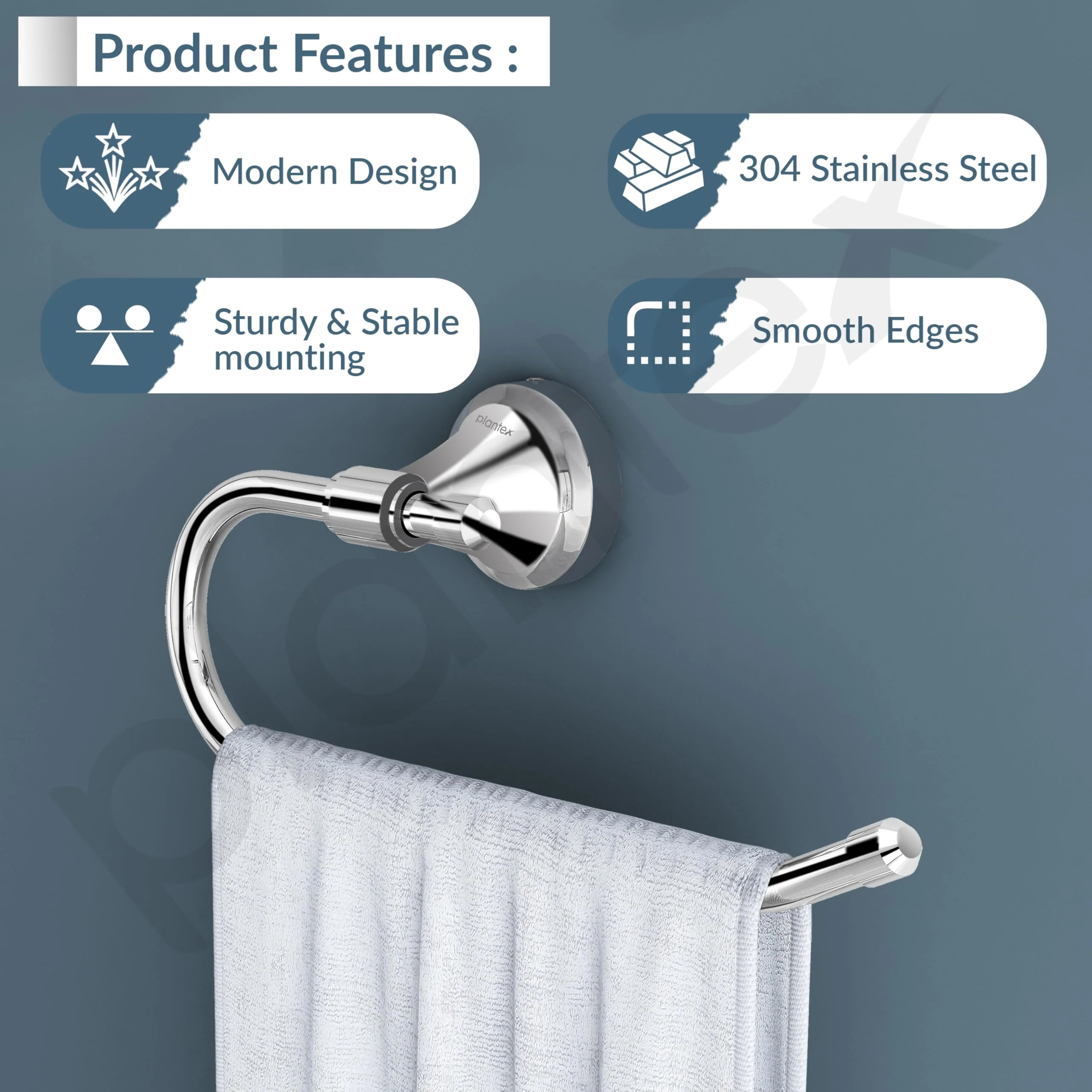 Plantex 304 Grade Stainless Steel Washbasin Towel Holder/Hand Towel Hanger/Napkin Ring for Kitchen/Bathroom Accessories (Chrome) Niko - Image 2