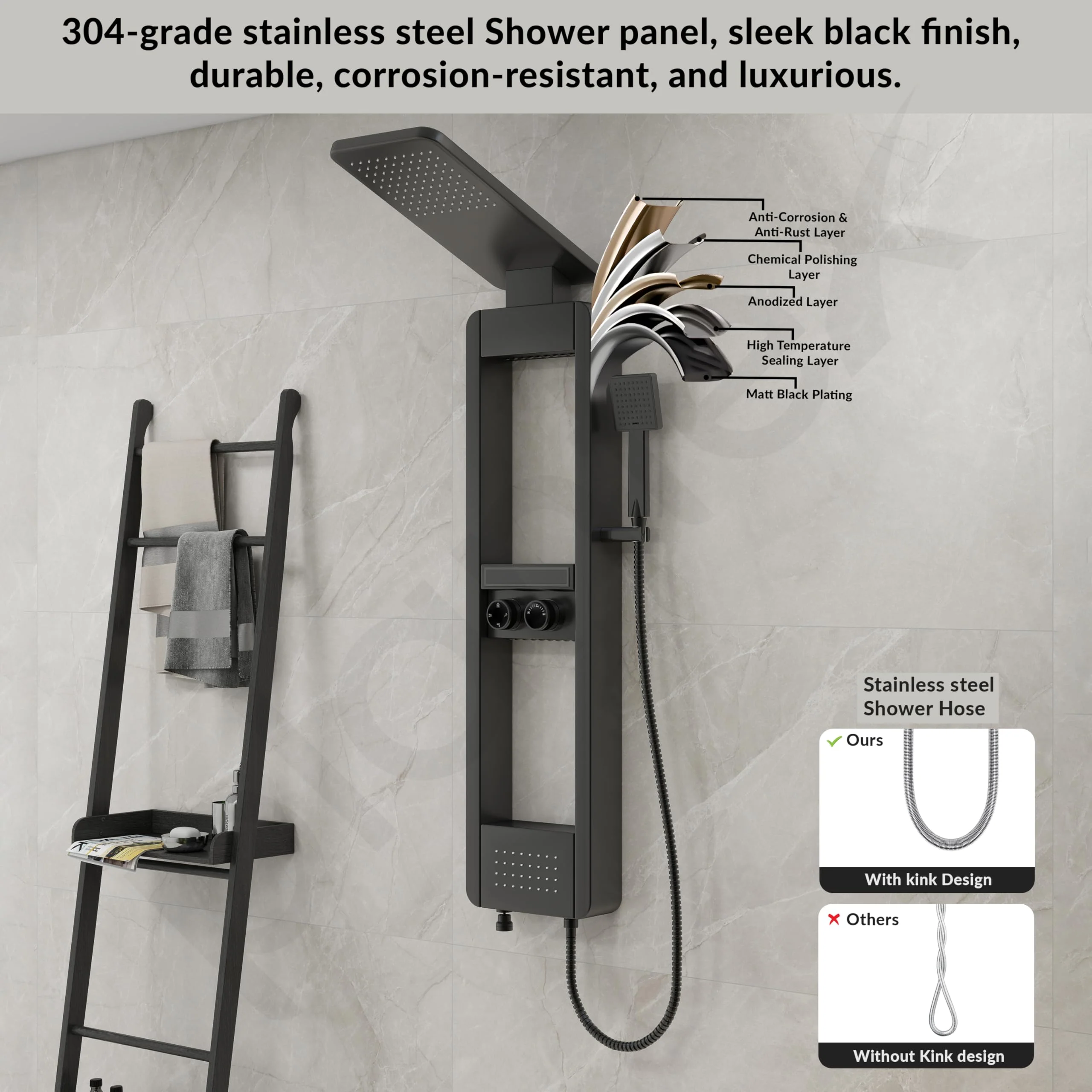 Plantex 304 Stainless Steel LED Bathroom Shower System/Majestic Flow Shower Panel for Bathroom Full Set with Smart Digital Display- (Rich Black, KM-8103B) - Image 7