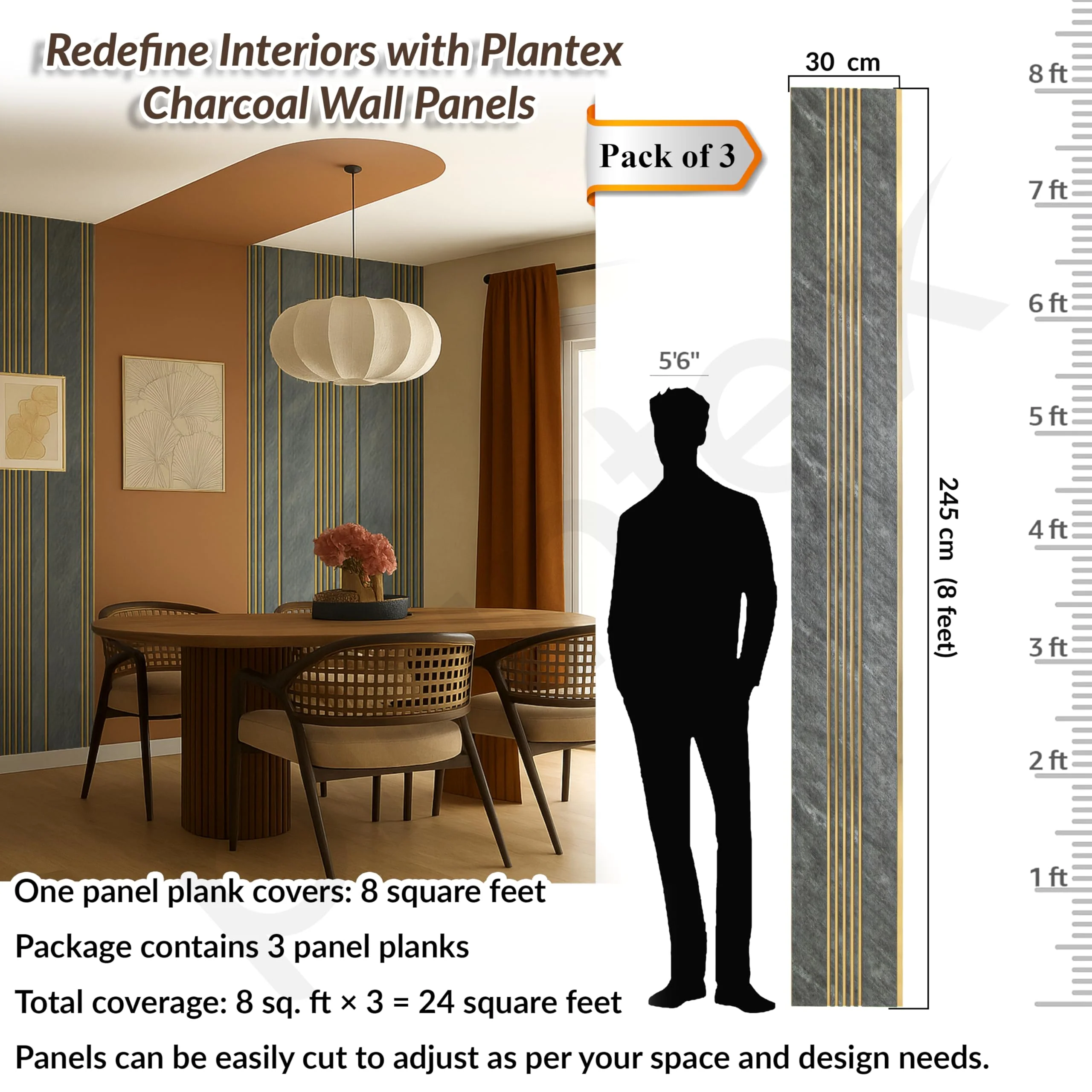 Plantex 3D Charcoal Wall Panels/Pack of 3 Louvers (1x8 Ft Each) /Decorative Panels for Interior Walls/24 Sq. Ft Coverage(WD-2209-Textured Grey & Gold) - Image 2