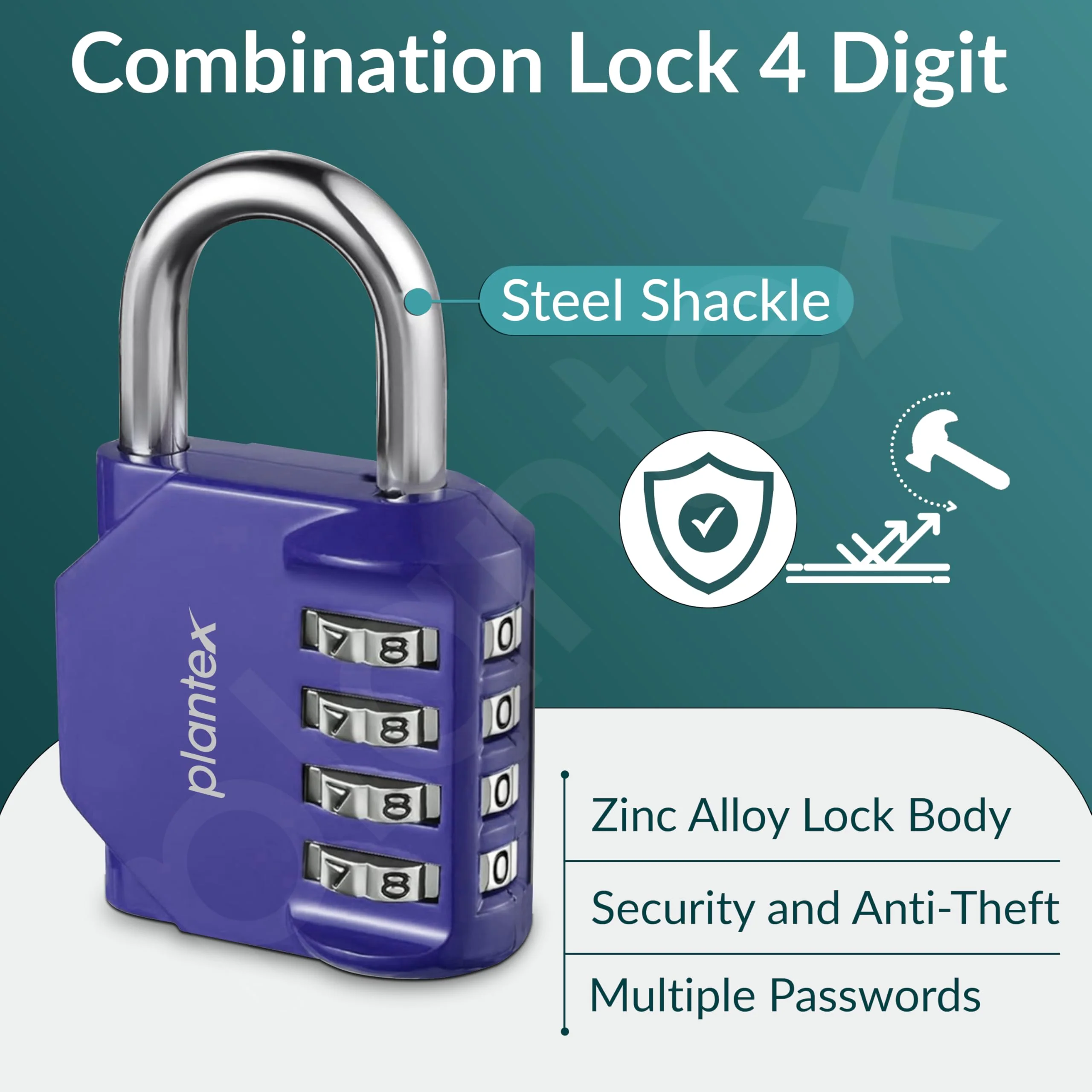 Plantex 4 Digit Combination Number Metal Lock/Zinc Alloy/Locks for Luggage/Locks for Travel Bags/Locks for Cabin Luggage/Travel Essentials - Pack of 2 (Blue) - Image 2
