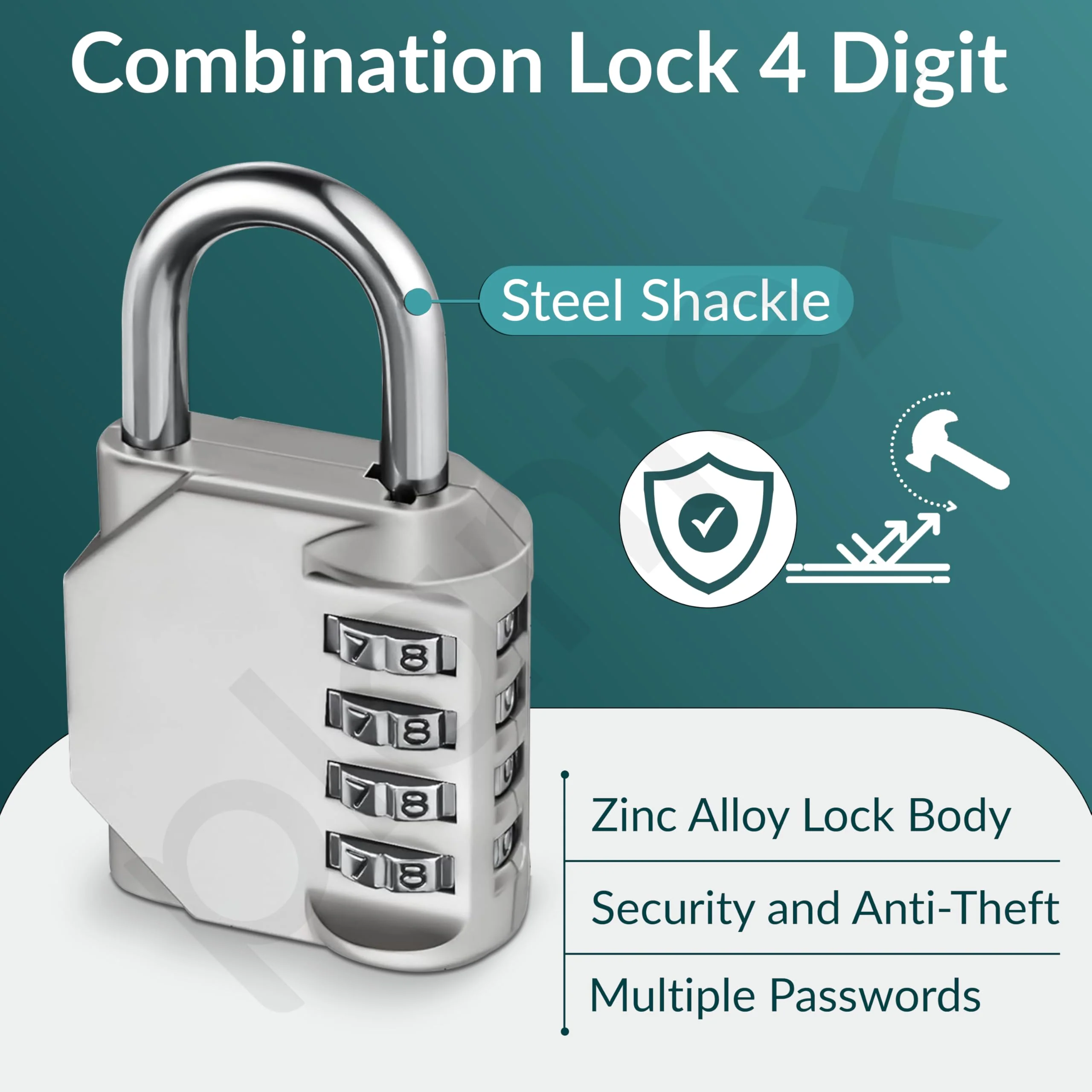 Plantex 4 Digit Combination Number Password Metal Lock/Zinc Alloy Locks for Luggage/Locks for Travel Bags for Luggage/Locks for Cabin Luggage/Travel Essentials - Pack of 2 (Silver) - Image 2