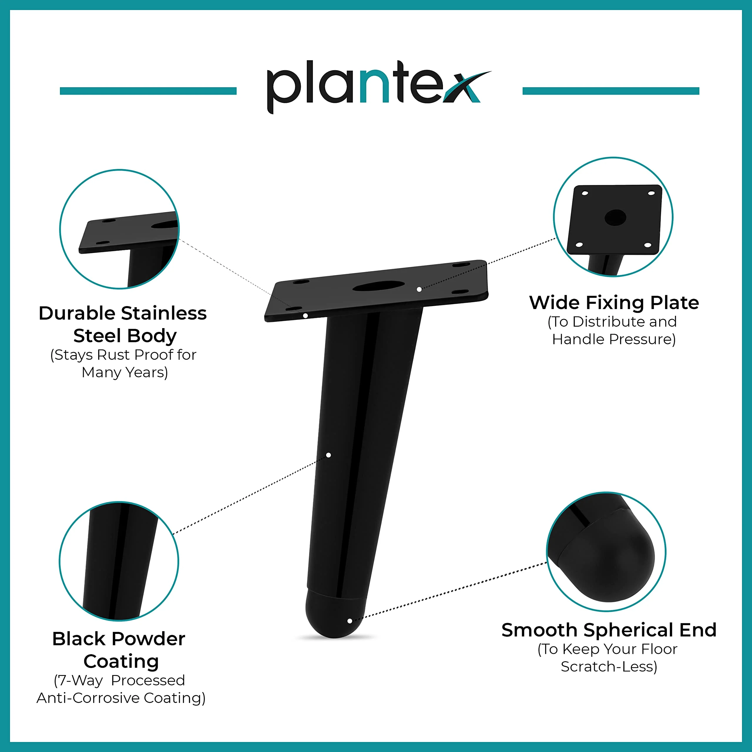 Plantex 4 Inch Sofa Legs for Bed Furniture/Sofa Legs for Table/Sofa Support Legs with Rubber Grip (Black, 6 Pcs) - Image 4