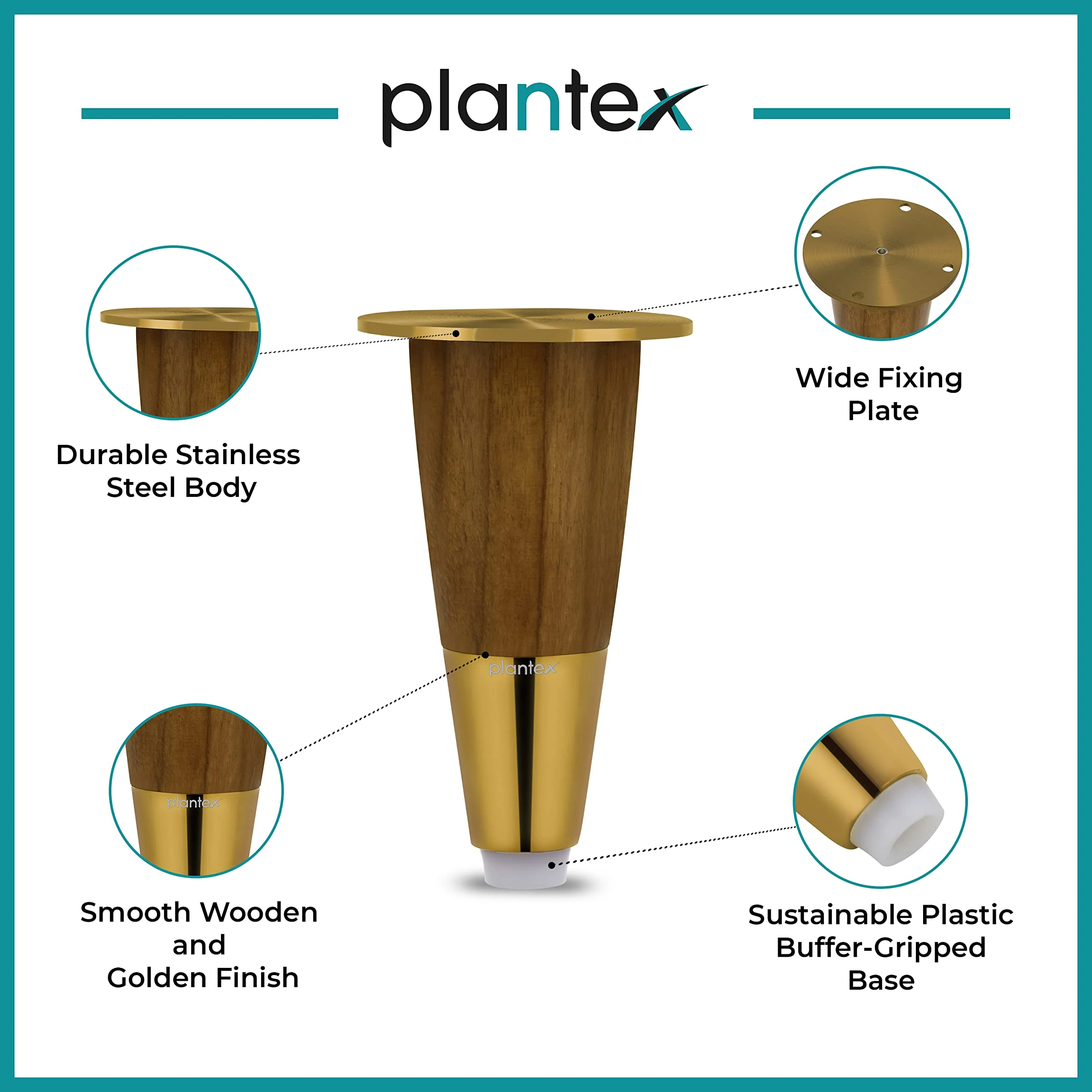Plantex 4 Inch Sofa Legs for Bed Furniture/Sofa Legs for Table/Sofa Support Legs with Rubber Grip (Gold, 6 Pcs) - Image 4